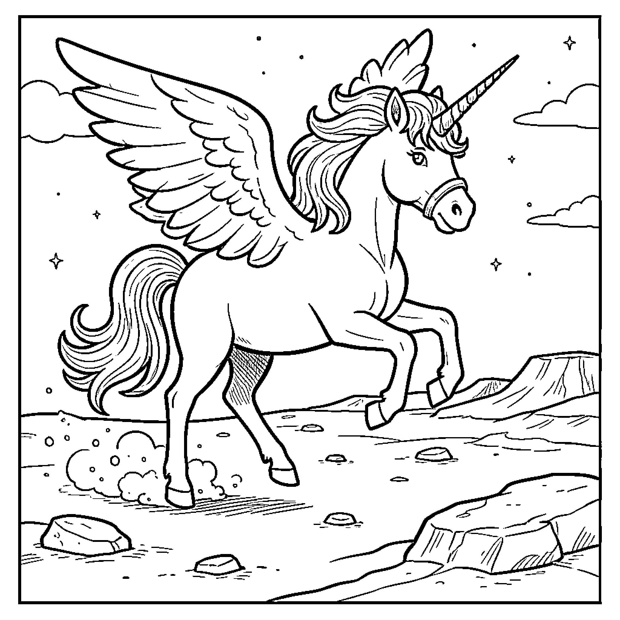 Unicorn soaring through the starry sky Coloring Page (free black-and-white line drawing printable PDF for all, from beginners to advanced learners, including children, teens, adults, and seniors)