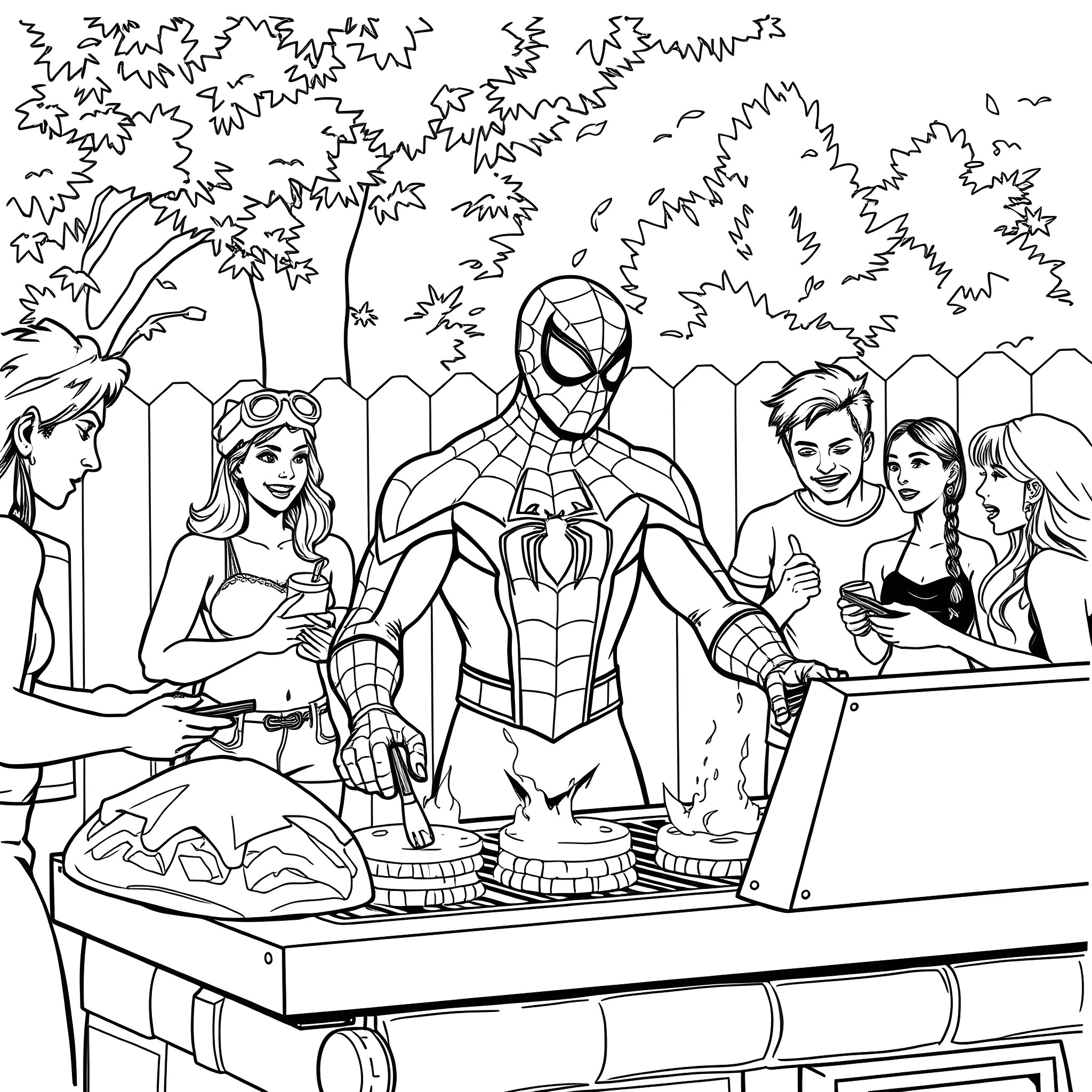 Spider-Man interacting with friends in a backyard setting Coloring Page (free black-and-white line drawing printable PDF for all, from beginners to advanced learners, including children, teens, adults, and seniors)