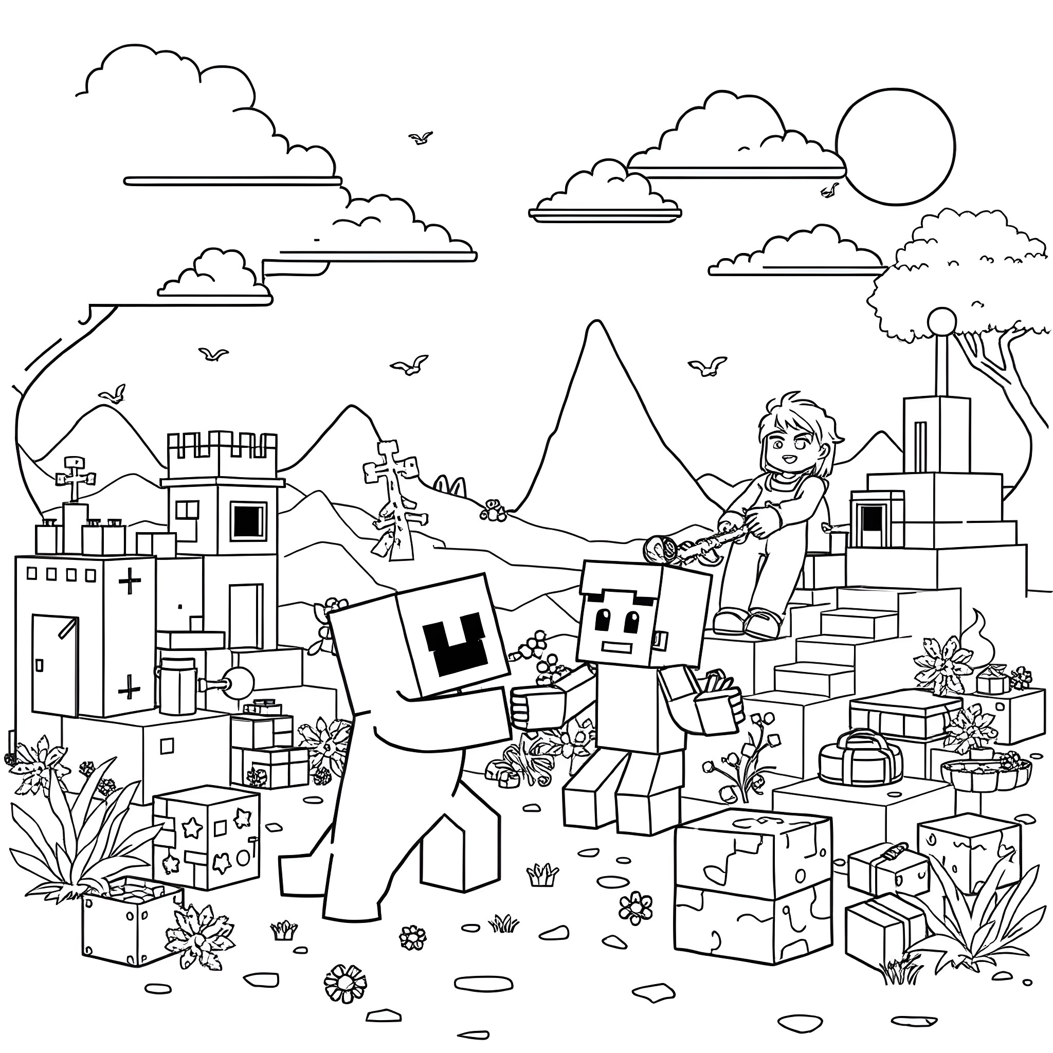 Minecraft characters exploring a creative world Coloring Page (free black-and-white line drawing printable PDF for all, from beginners to advanced learners, including children, teens, adults, and seniors)