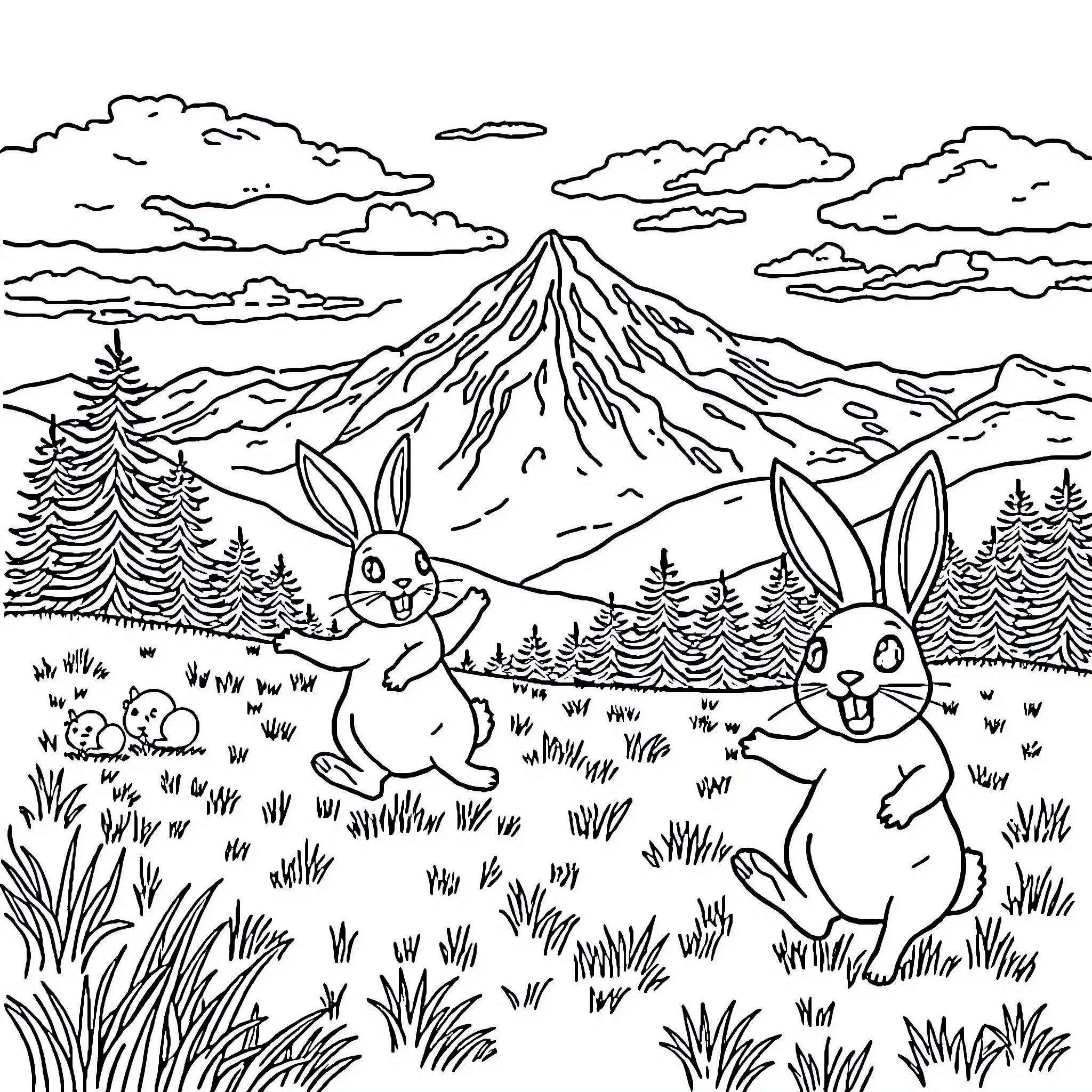Rabbits frolicking in a mountain meadow Coloring Page (free black-and-white line drawing printable PDF for all, from beginners to advanced learners, including children, teens, adults, and seniors)