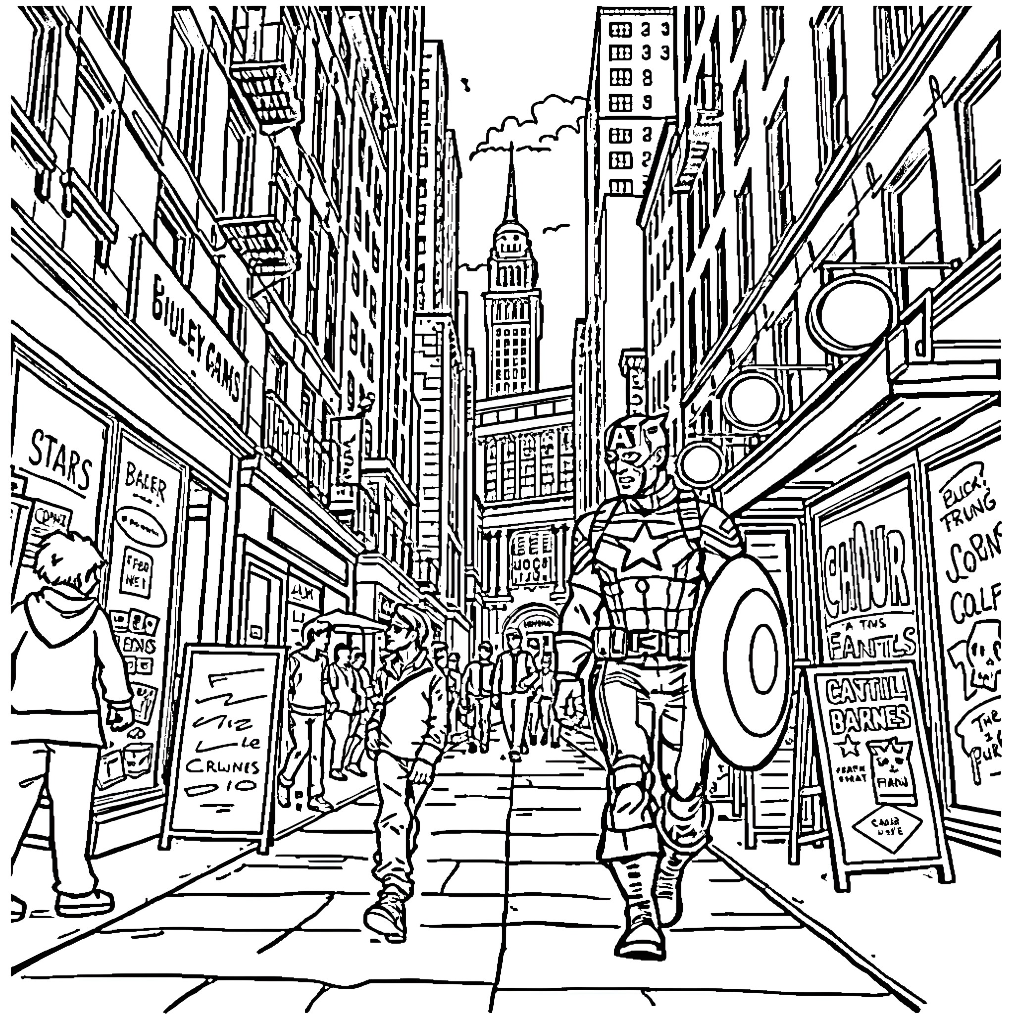 Bucky Barnes exploring the vibrant city streets Coloring Page (free black-and-white line drawing printable PDF for all, from beginners to advanced learners, including children, teens, adults, and seniors)