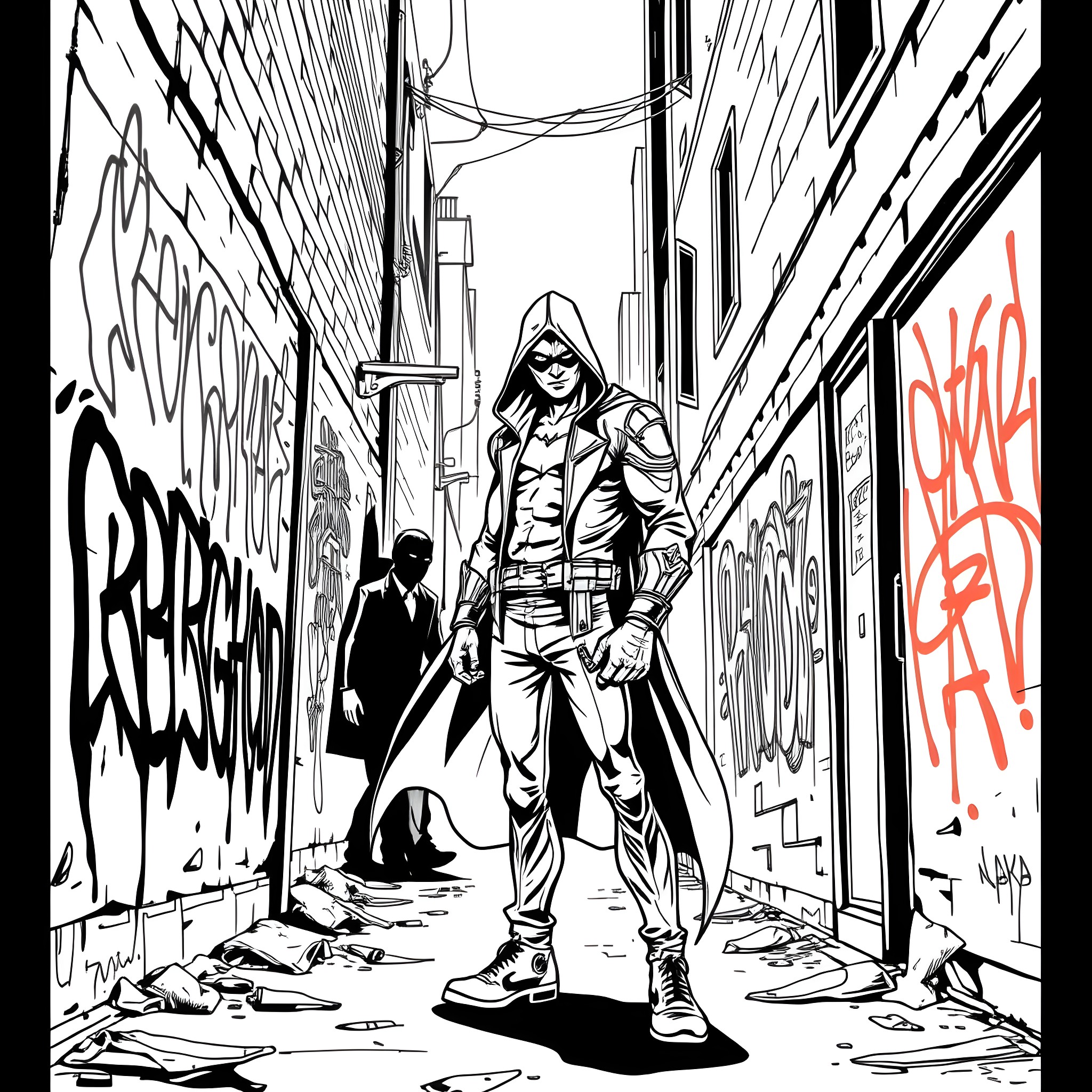 Red Hood in a Gritty Urban Alley Coloring Page (free black-and-white line drawing printable PDF for all, from beginners to advanced learners, including children, teens, adults, and seniors)