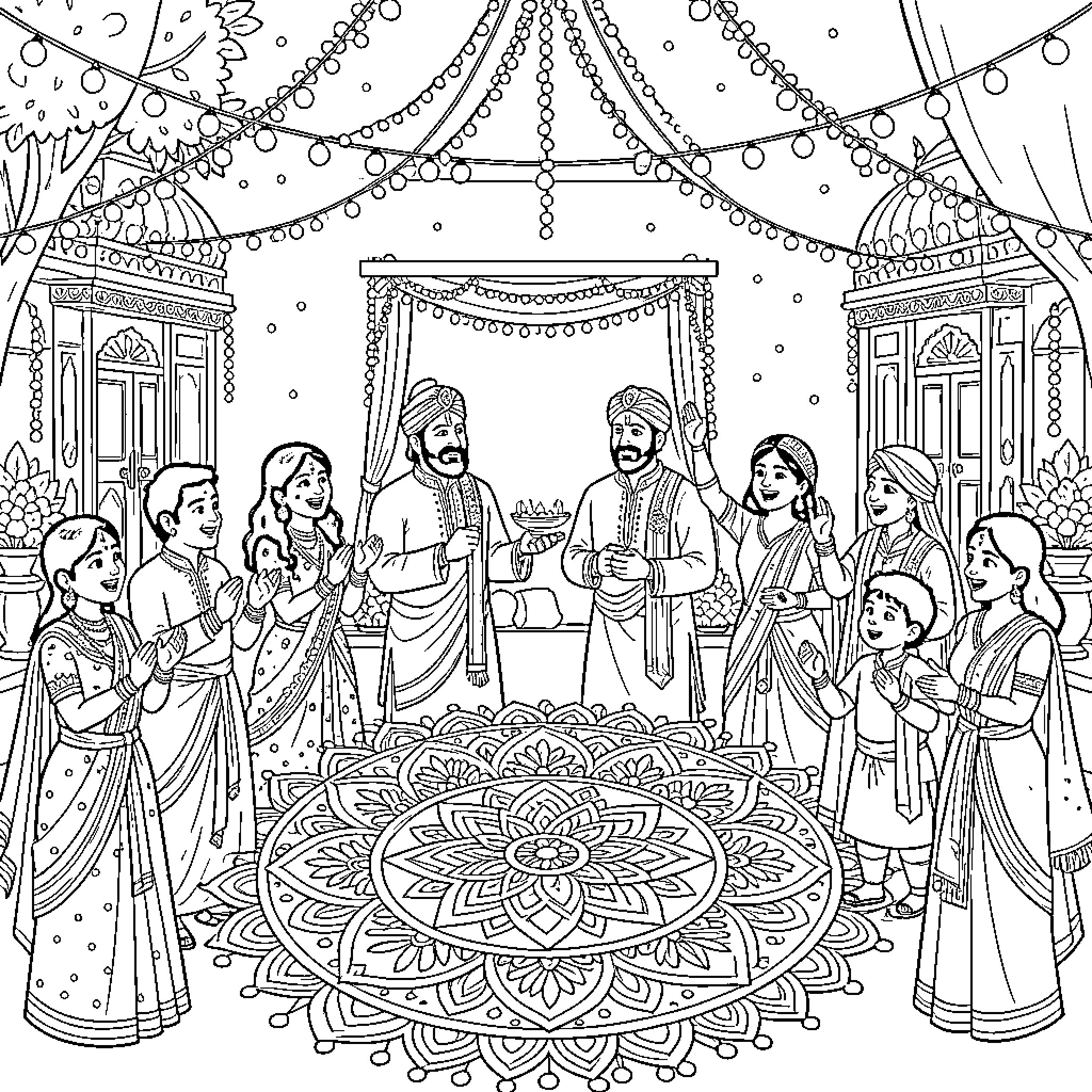Diwali Celebration with Families and Decorations Coloring Page (free black-and-white line drawing printable PDF for all, from beginners to advanced learners, including children, teens, adults, and seniors)