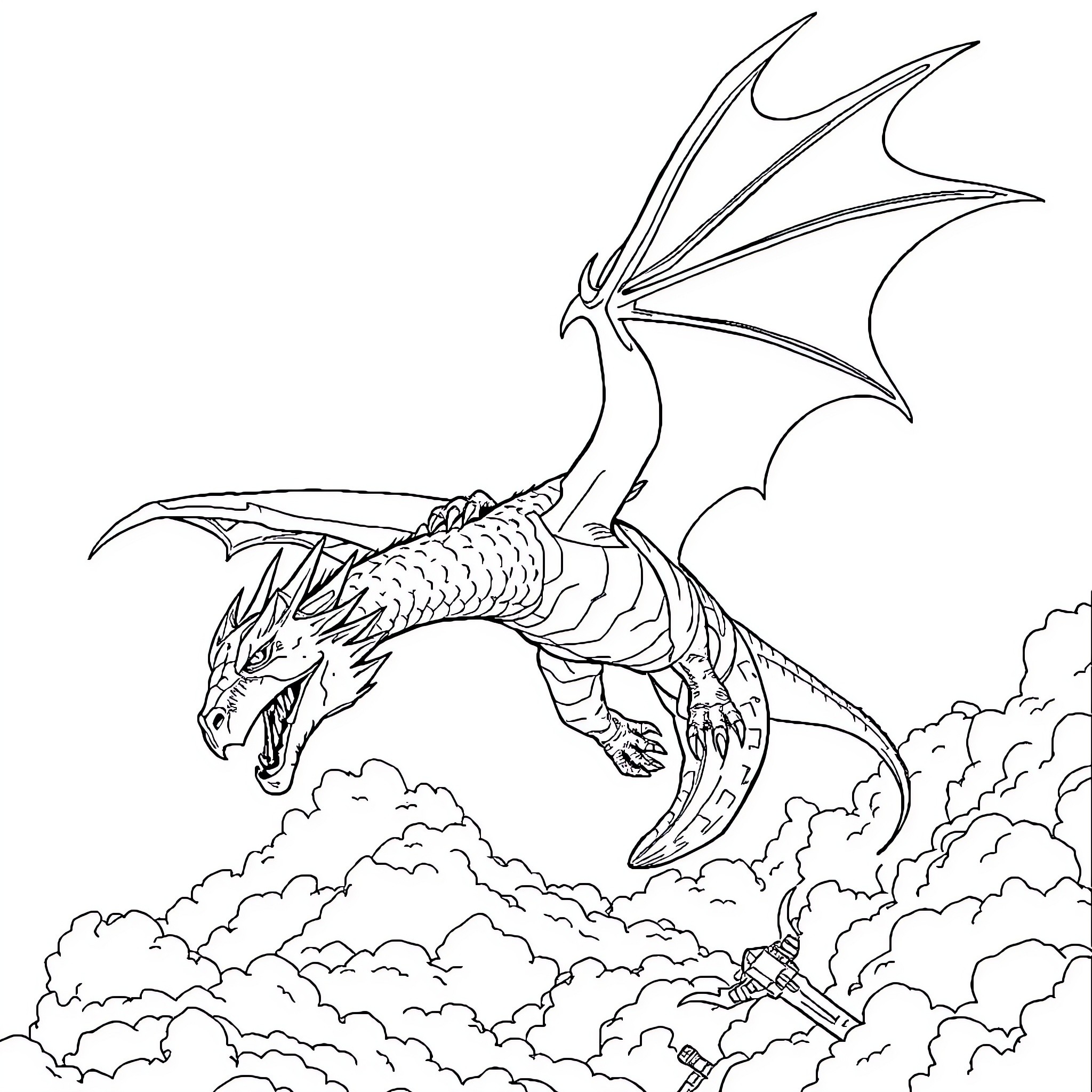 Dragon soaring through the cloudy skies Coloring Page (free black-and-white line drawing printable PDF for all, from beginners to advanced learners, including children, teens, adults, and seniors)