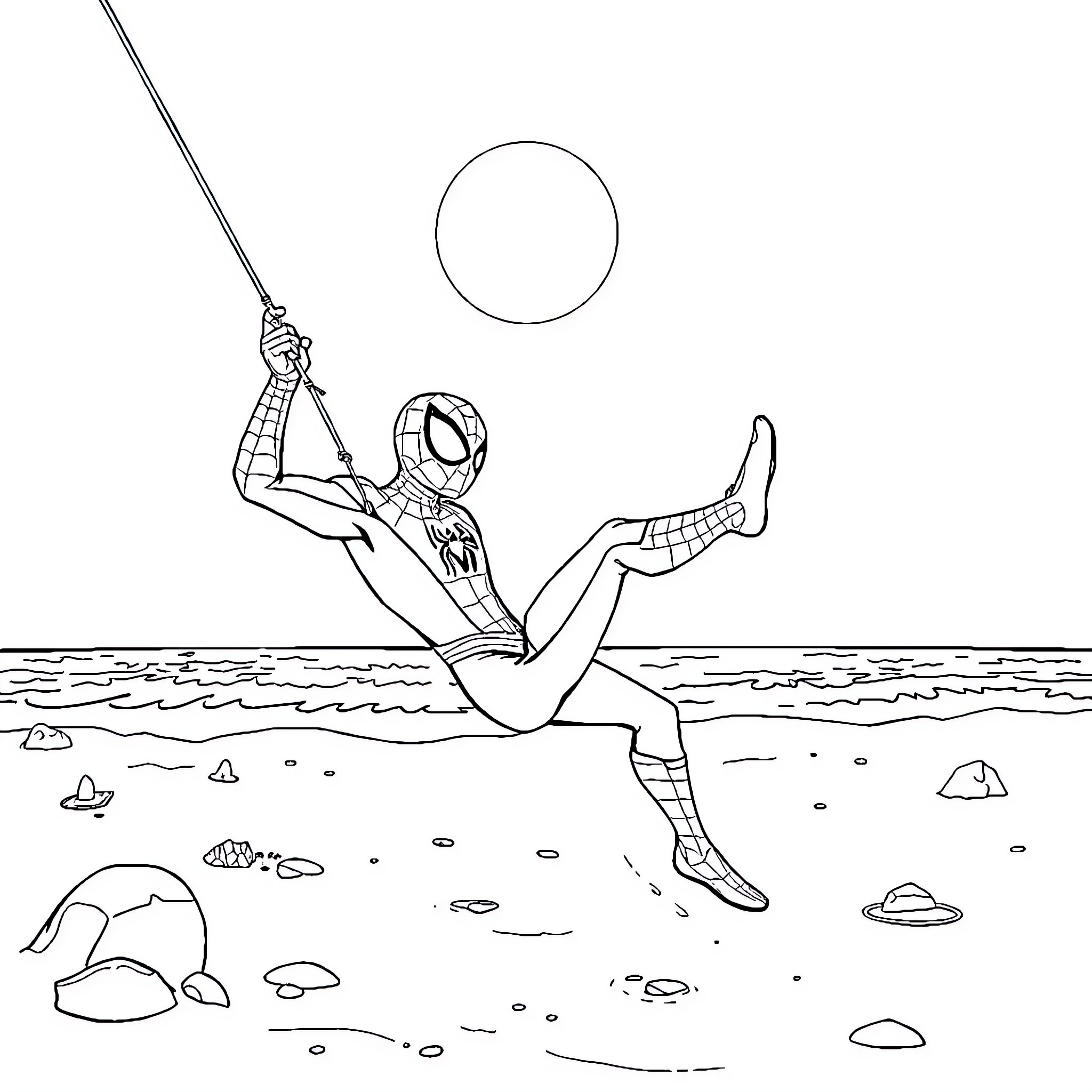 Spider-Man swinging and leaping over rocky terrain Coloring Page (free black-and-white line drawing printable PDF for all, from beginners to advanced learners, including children, teens, adults, and seniors)