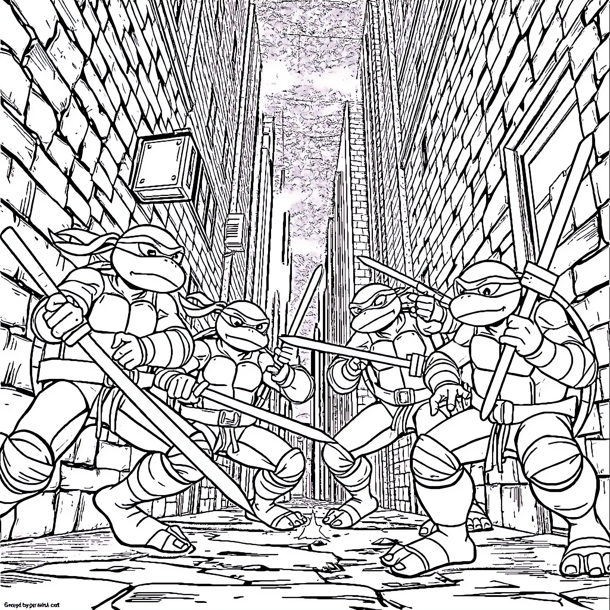 Ninja Turtles in action-packed urban scene Coloring Page (free black-and-white line drawing printable PDF for all, from beginners to advanced learners, including children, teens, adults, and seniors)