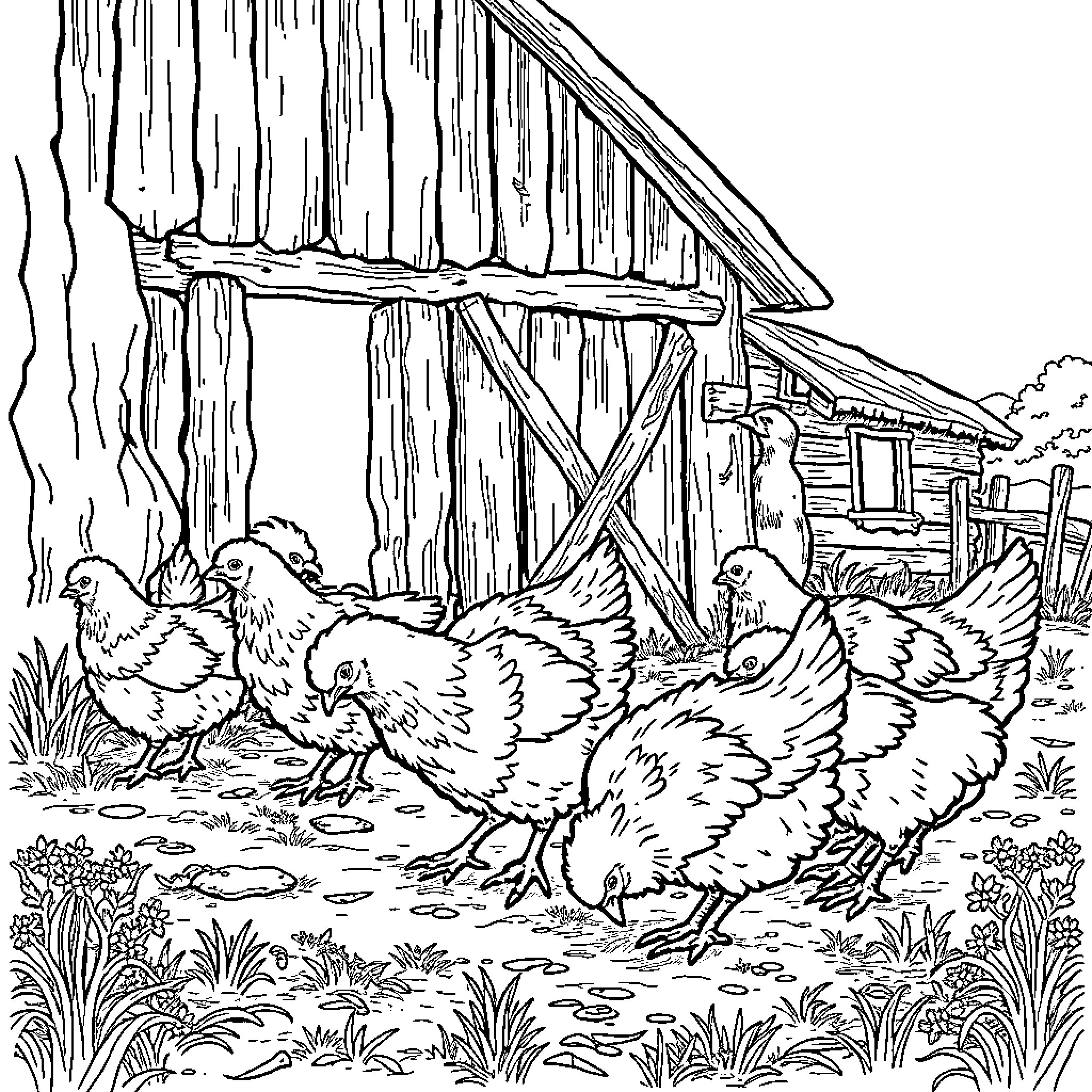 Chickens roaming around a rustic wooden shed Coloring Page (free black-and-white line drawing printable PDF for all, from beginners to advanced learners, including children, teens, adults, and seniors)