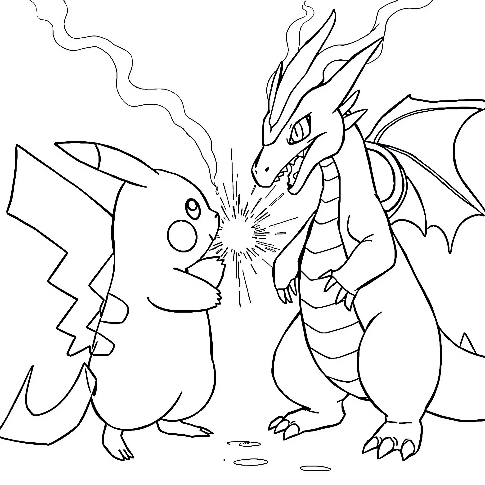 Pikachu confronting a fierce dragon Coloring Page (free black-and-white line drawing printable PDF for all, from beginners to advanced learners, including children, teens, adults, and seniors)