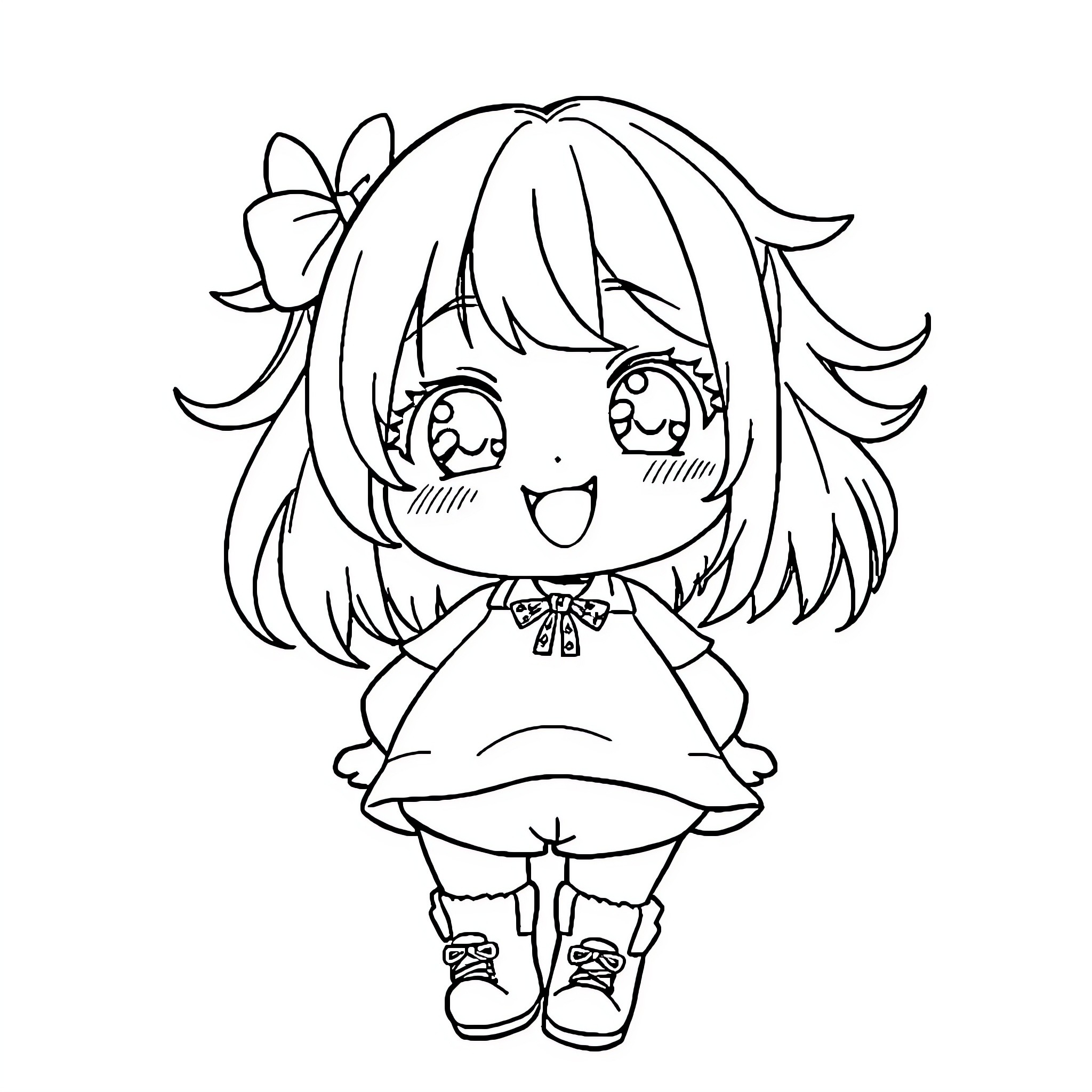 Anime Girl Happily Smiling and Cheerful Coloring Page (free black-and-white line drawing printable PDF for all, from beginners to advanced learners, including children, teens, adults, and seniors)