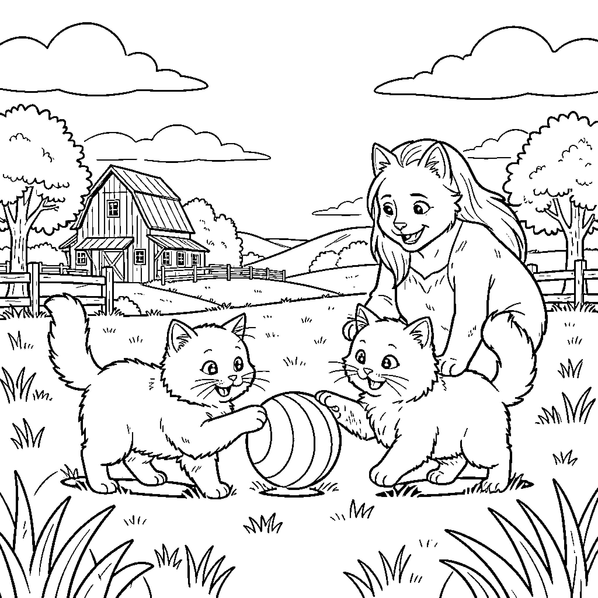 Kitty and friends playing in the countryside Coloring Page (free black-and-white line drawing printable PDF for all, from beginners to advanced learners, including children, teens, adults, and seniors)