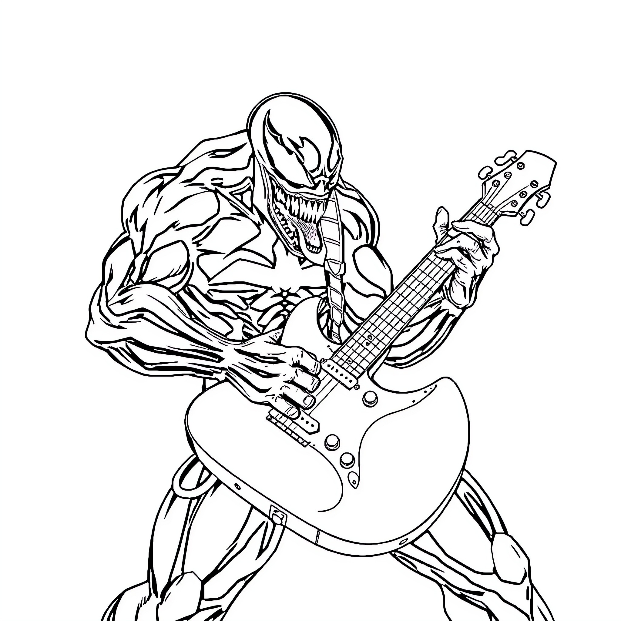 Venom rocking out with electric guitar Coloring Page (free black-and-white line drawing printable PDF for all, from beginners to advanced learners, including children, teens, adults, and seniors)