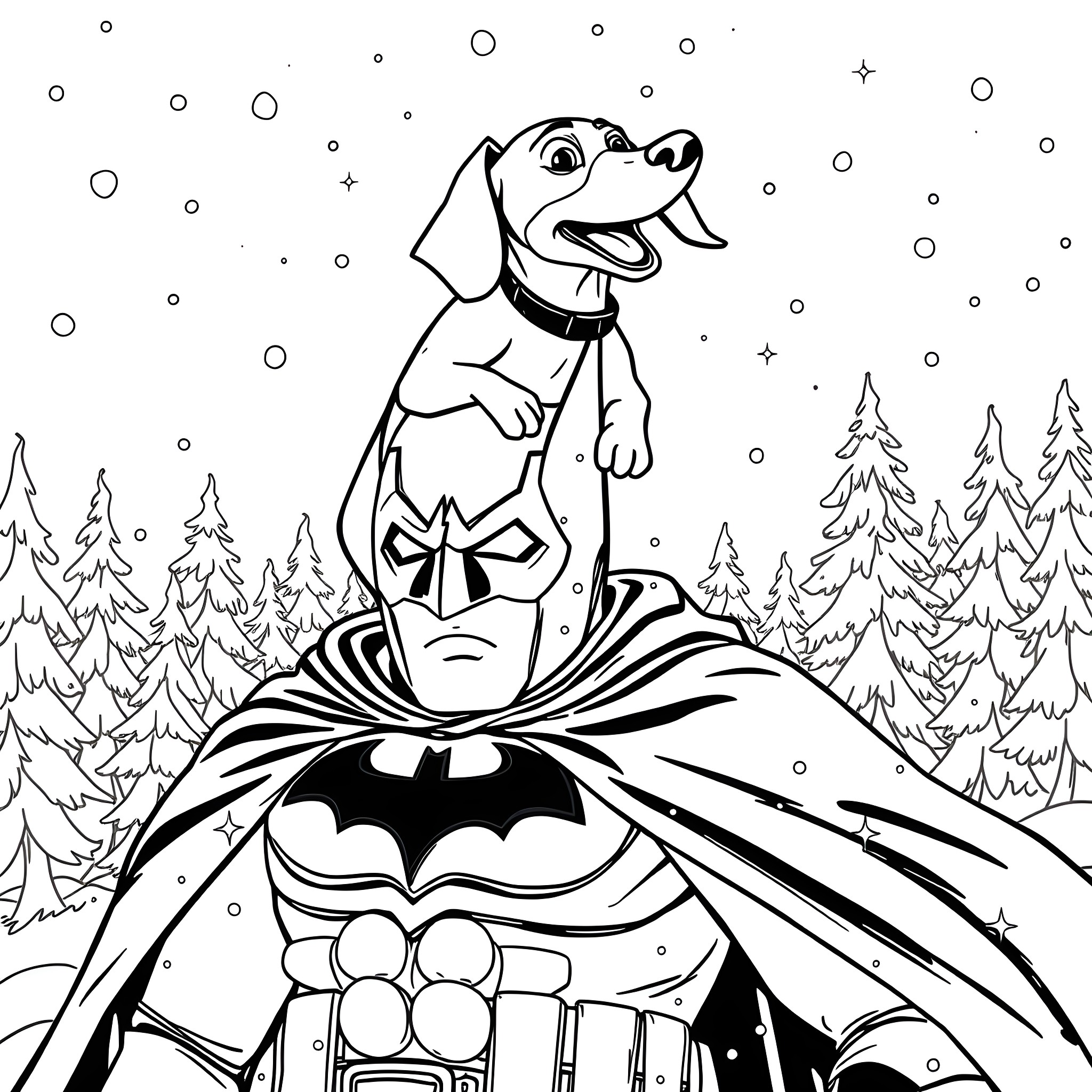Dachshund riding on Batman's cape in the snowy forest Coloring Page (free black-and-white line drawing printable PDF for all, from beginners to advanced learners, including children, teens, adults, and seniors)