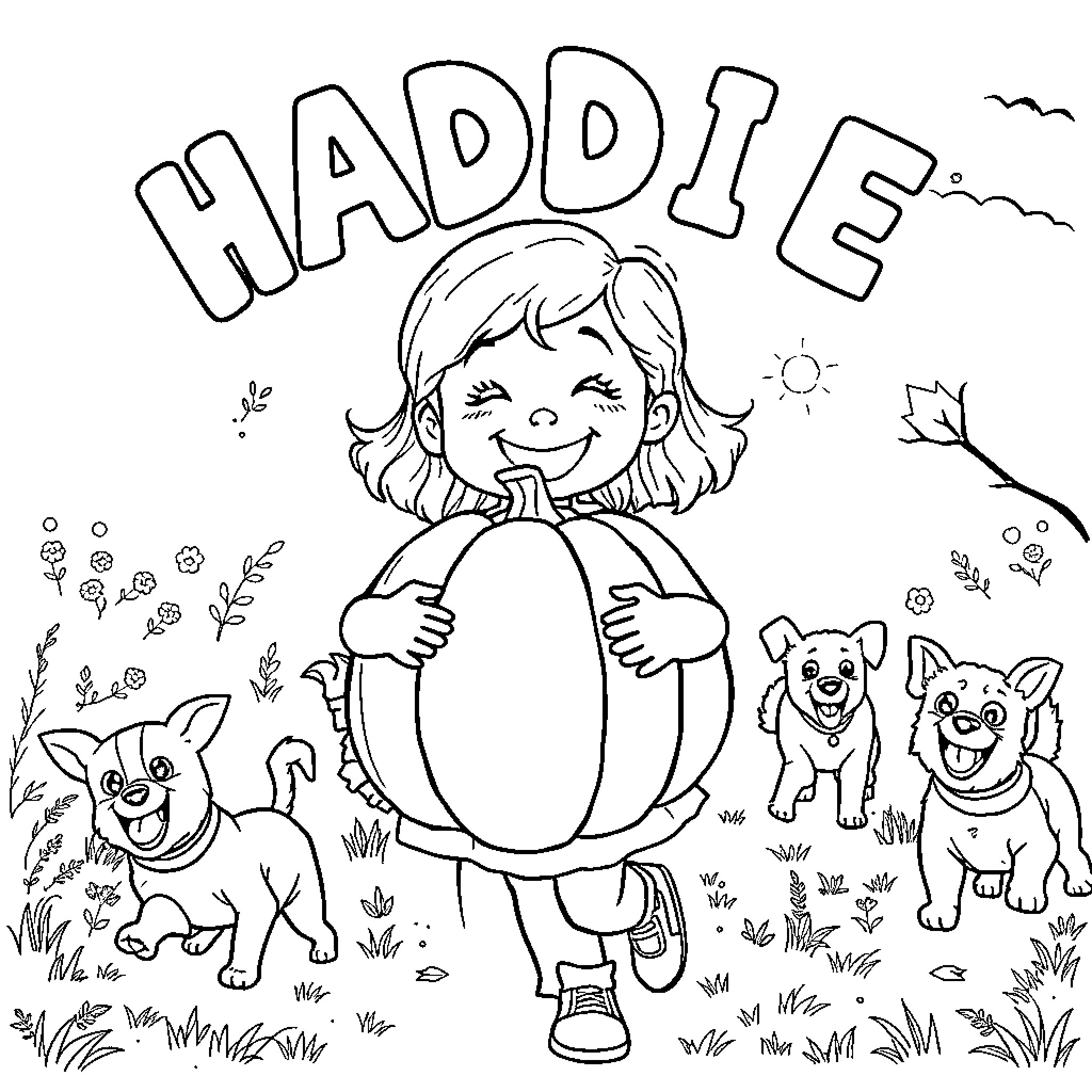 Girl playing happily with her pet dogs Coloring Page (free black-and-white line drawing printable PDF for all, from beginners to advanced learners, including children, teens, adults, and seniors)