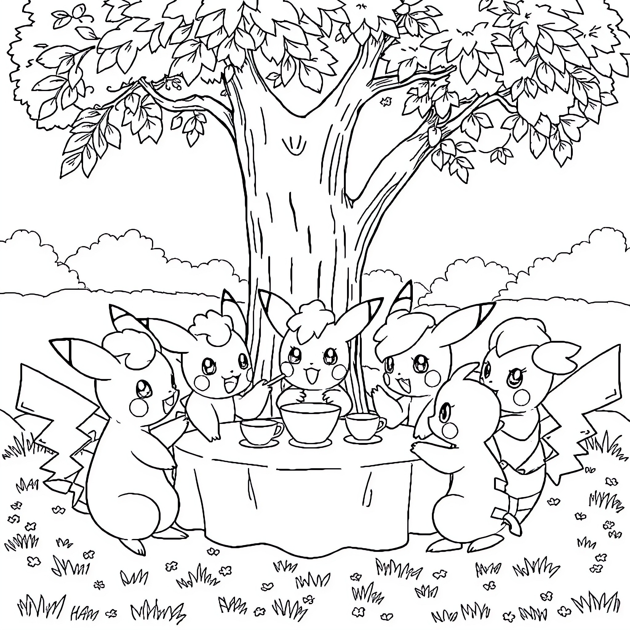 Pokémon having a picnic under the tree Coloring Page (free black-and-white line drawing printable PDF for all, from beginners to advanced learners, including children, teens, adults, and seniors)
