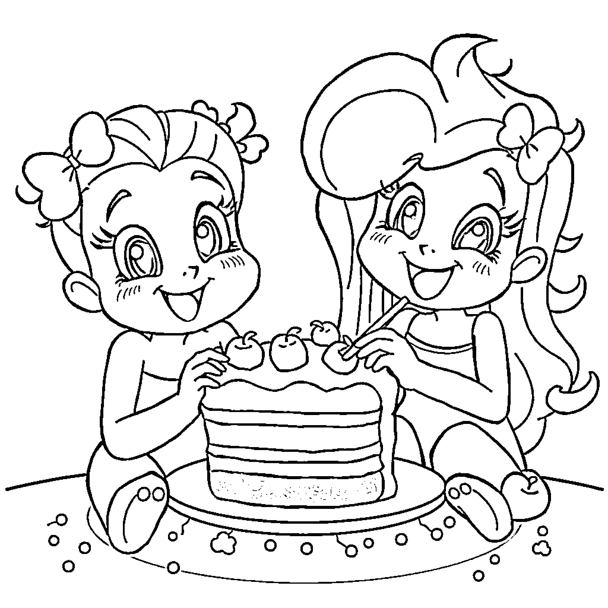 Purple Pair Celebrating with Cake Coloring Page (free black-and-white line drawing printable PDF for all, from beginners to advanced learners, including children, teens, adults, and seniors)