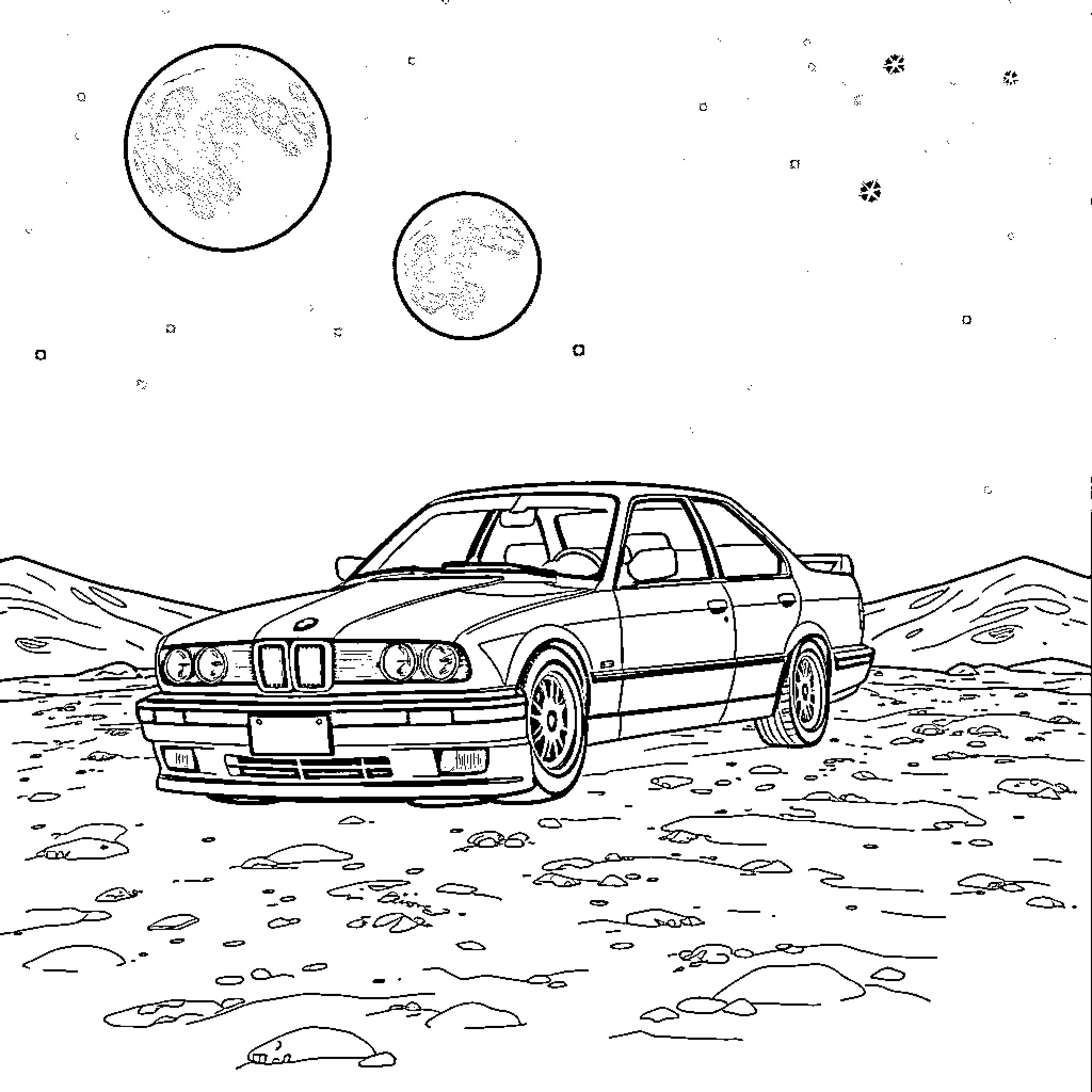 BMW sports car driving on remote landscape Coloring Page (free black-and-white line drawing printable PDF for all, from beginners to advanced learners, including children, teens, adults, and seniors)