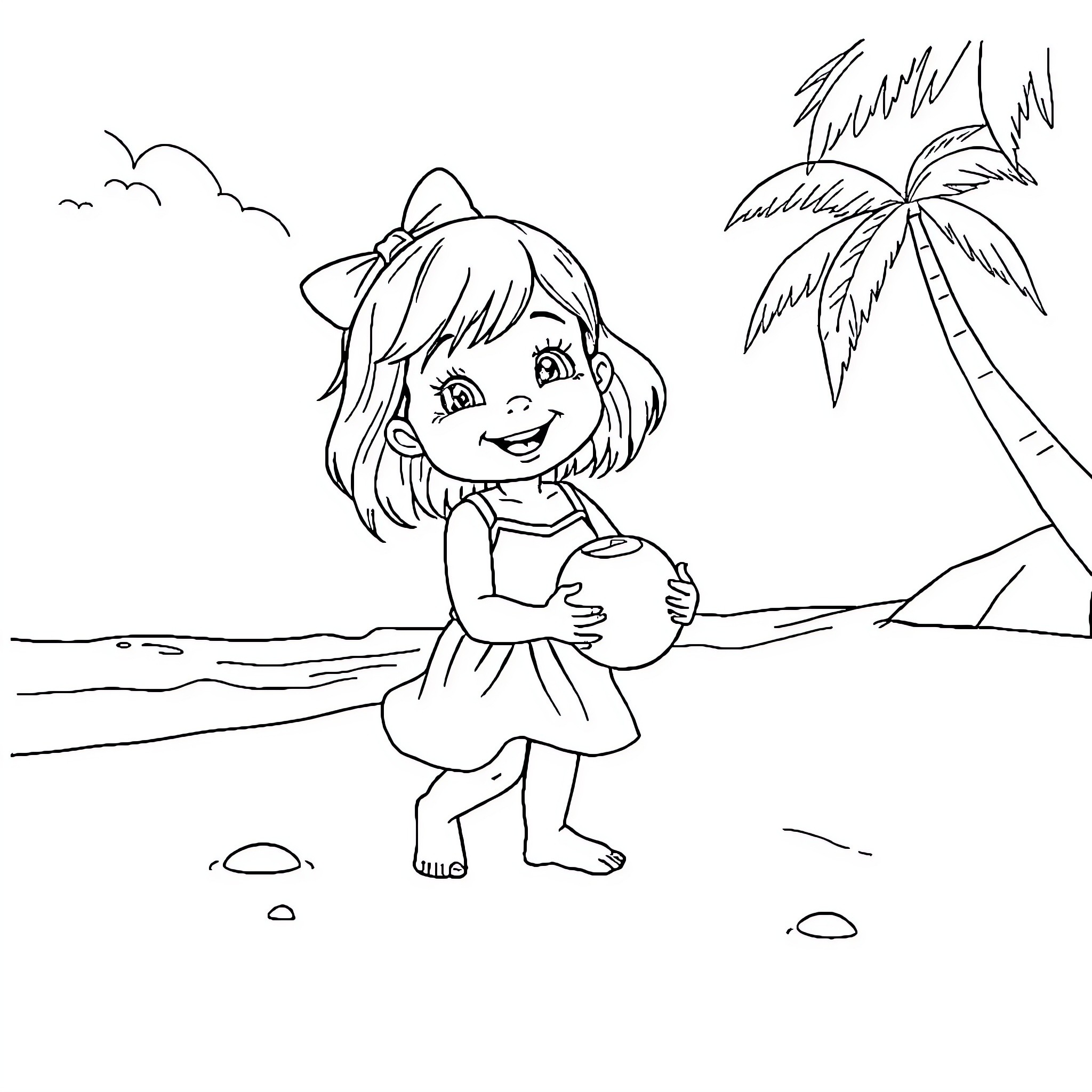 Girl playing happily on the beach Coloring Page (free black-and-white line drawing printable PDF for all, from beginners to advanced learners, including children, teens, adults, and seniors)