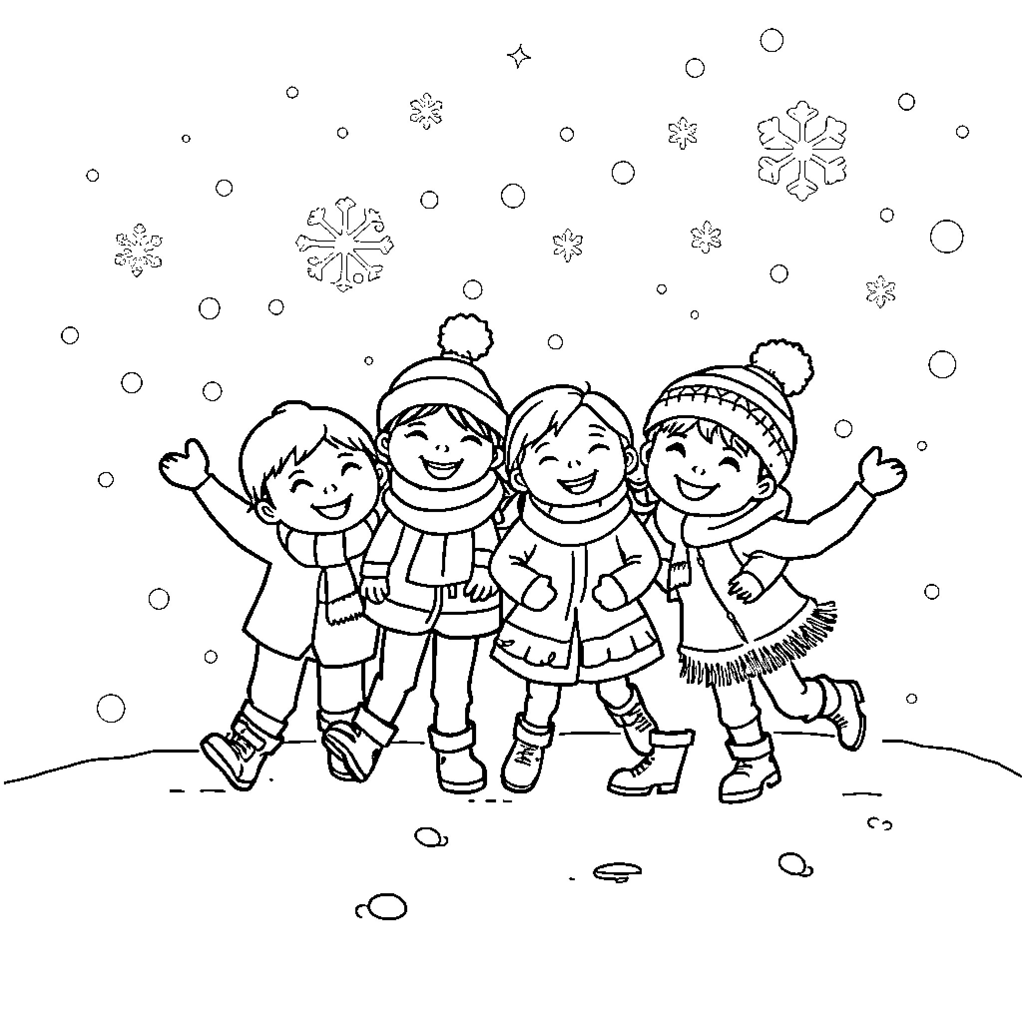 Family playing joyfully in the snowy winter Coloring Page (free black-and-white line drawing printable PDF for all, from beginners to advanced learners, including children, teens, adults, and seniors)