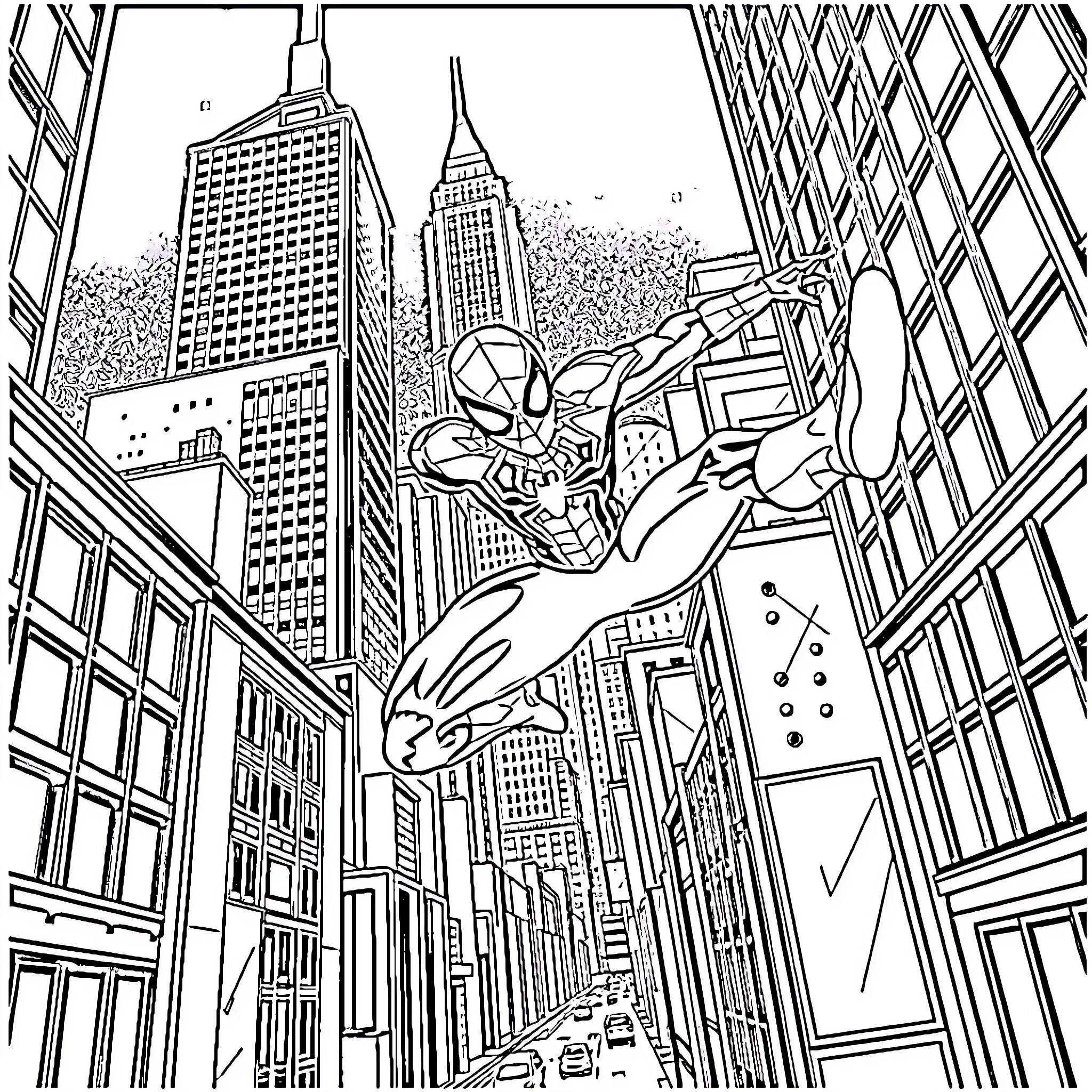 Spider-Man swinging through the city Coloring Page (free black-and-white line drawing printable PDF for all, from beginners to advanced learners, including children, teens, adults, and seniors)