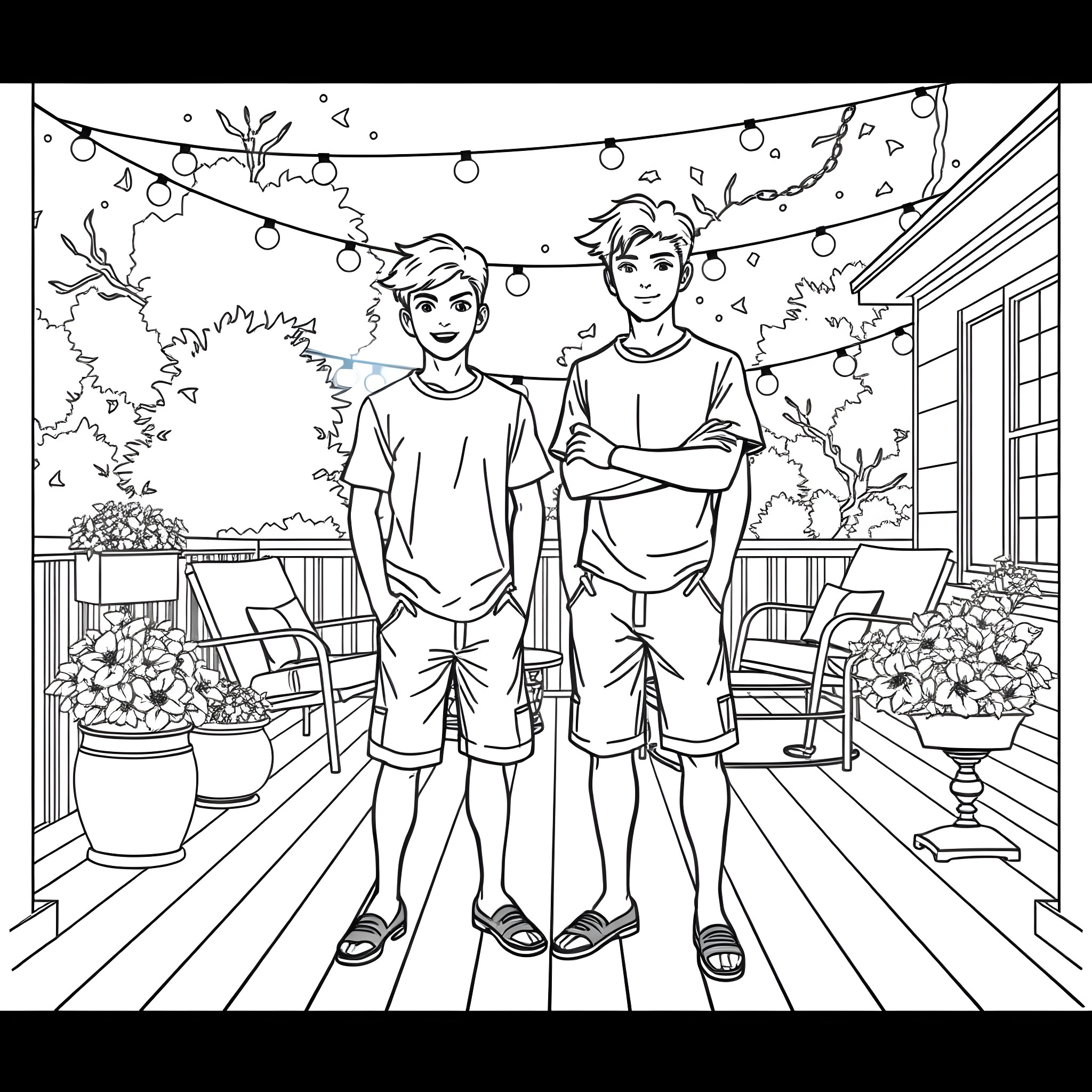 Teen Guys Hanging Out on Decorated Patio Coloring Page (free black-and-white line drawing printable PDF for all, from beginners to advanced learners, including children, teens, adults, and seniors)