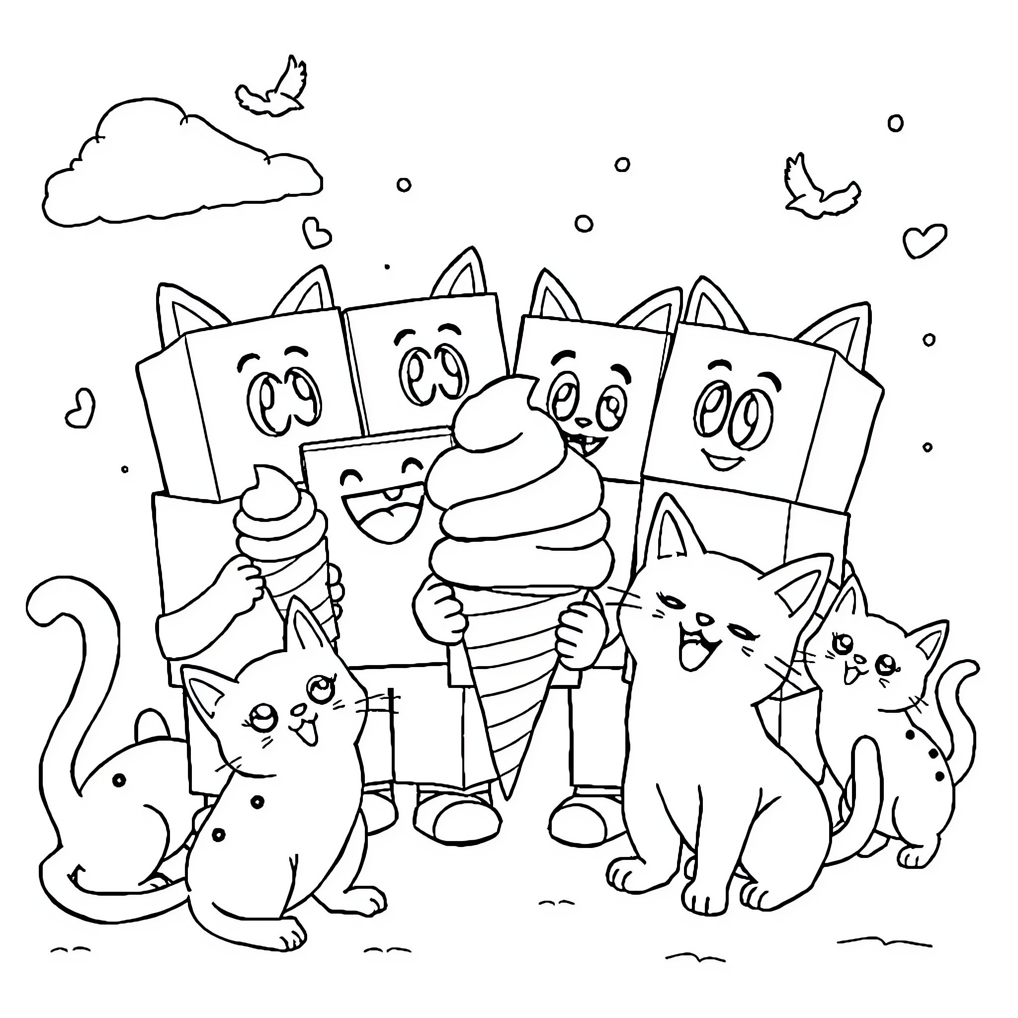 Numberblocks enjoying ice cream with playful kittens Coloring Page (free black-and-white line drawing printable PDF for all, from beginners to advanced learners, including children, teens, adults, and seniors)