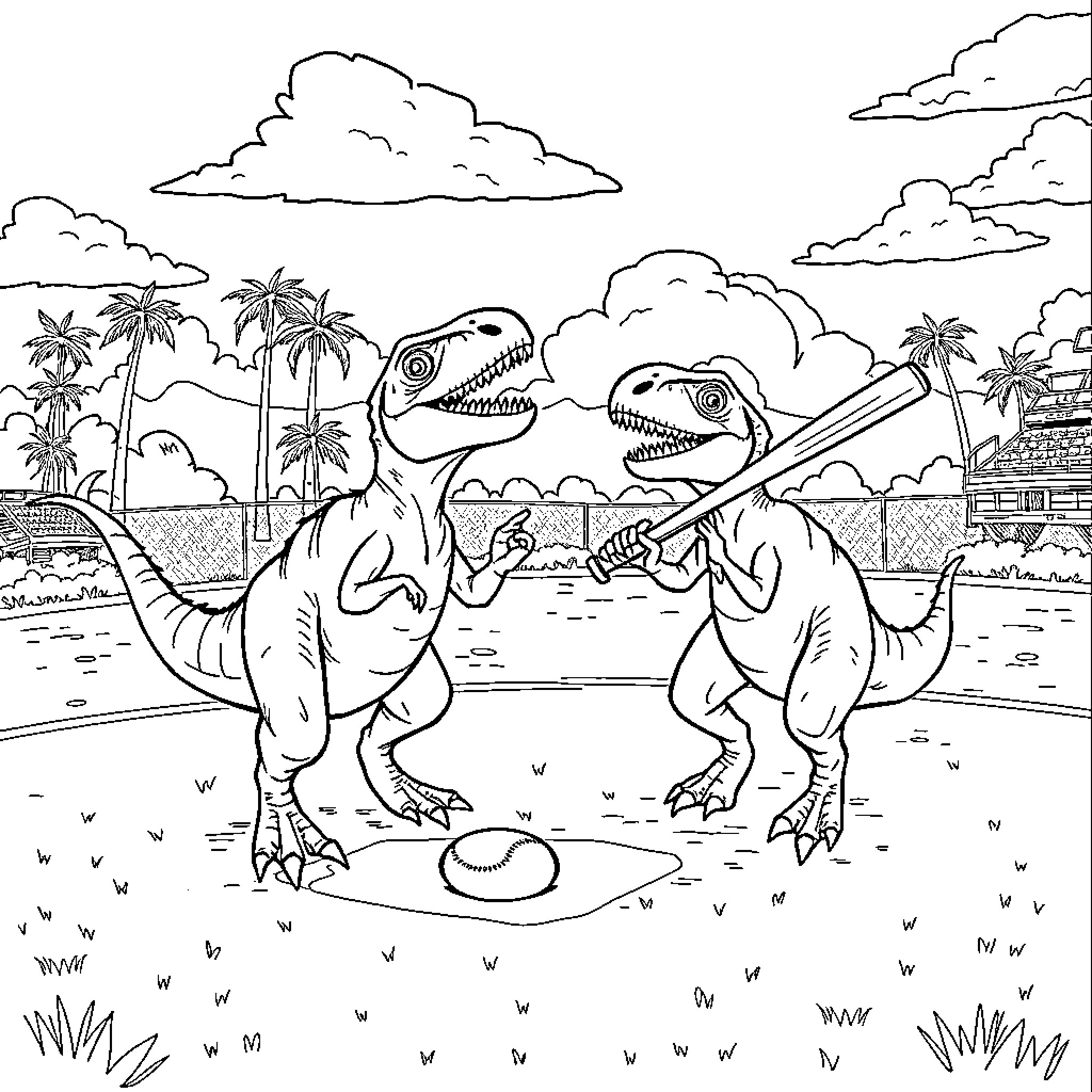 Velociraptor duo exploring tropical landscape Coloring Page (free black-and-white line drawing printable PDF for all, from beginners to advanced learners, including children, teens, adults, and seniors)