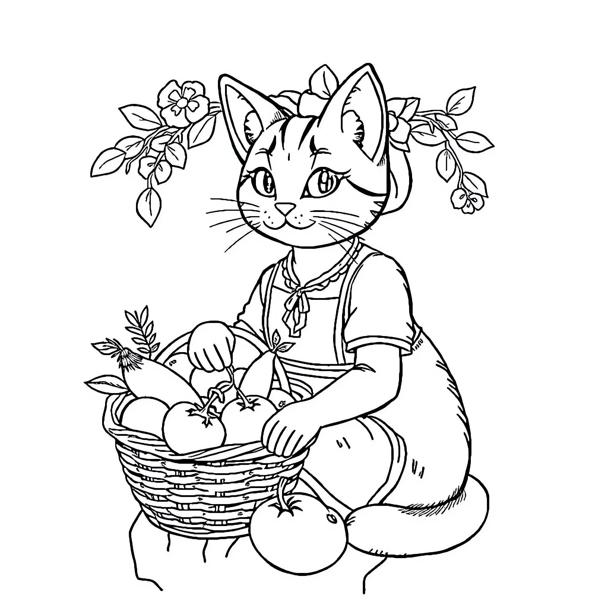 Cat Lady Picking Vegetables in the Garden Coloring Page (free black-and-white line drawing printable PDF for all, from beginners to advanced learners, including children, teens, adults, and seniors)