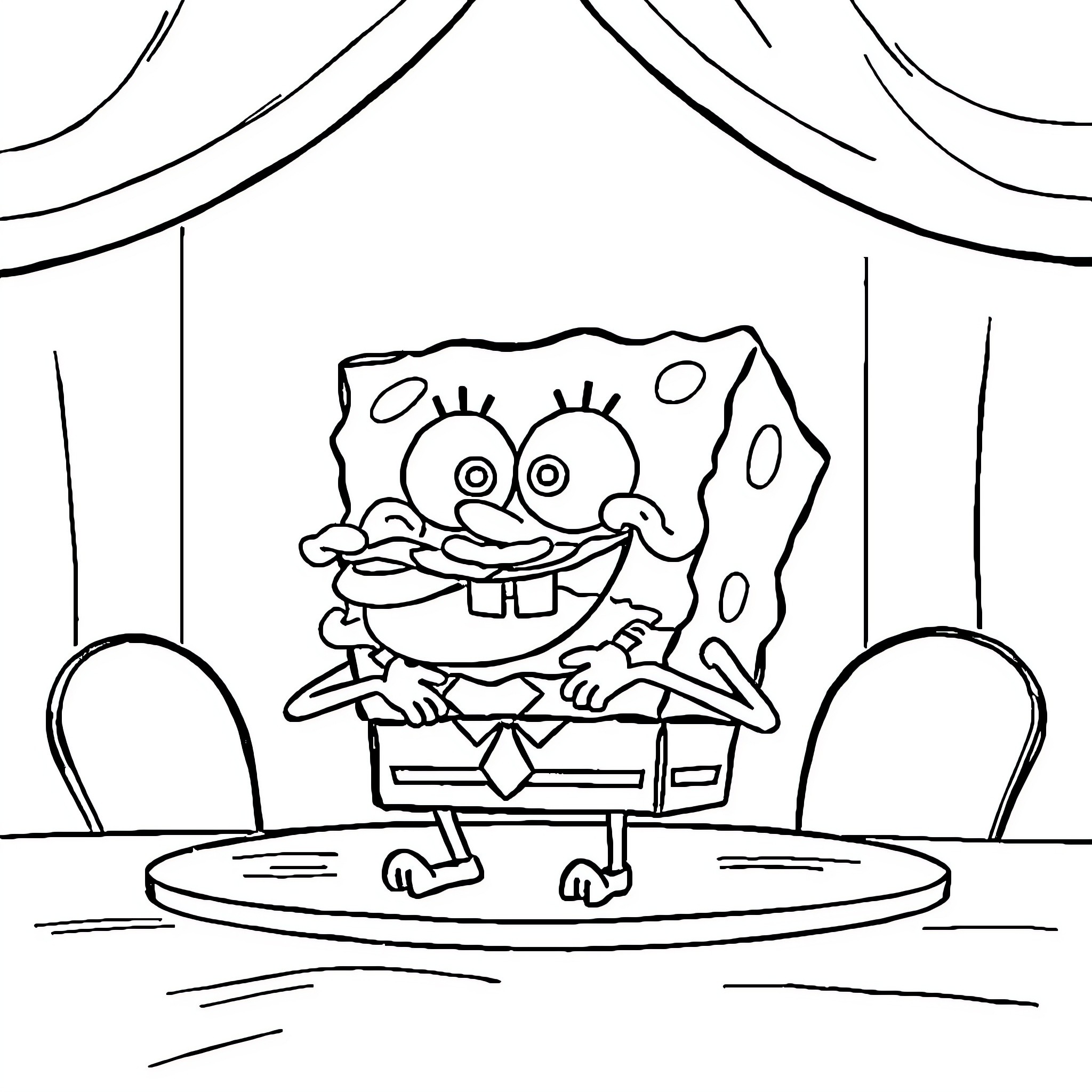 Spongebob performing on stage with a big smile Coloring Page (free black-and-white line drawing printable PDF for all, from beginners to advanced learners, including children, teens, adults, and seniors)