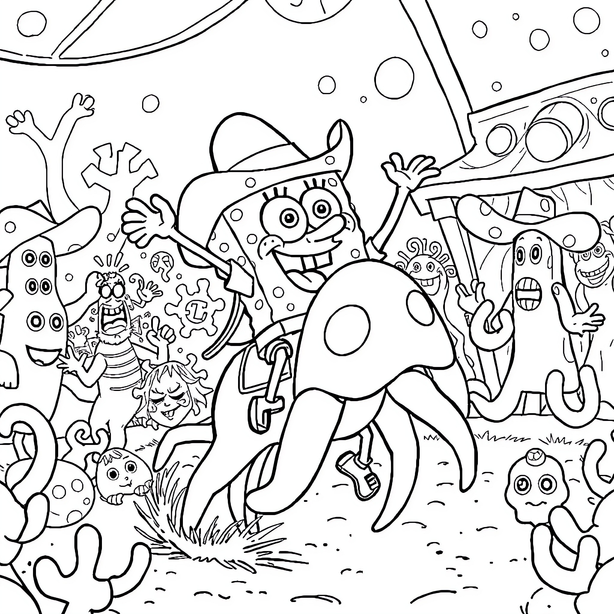 Spongebob and friends in a whimsical underwater scene Coloring Page (free black-and-white line drawing printable PDF for all, from beginners to advanced learners, including children, teens, adults, and seniors)