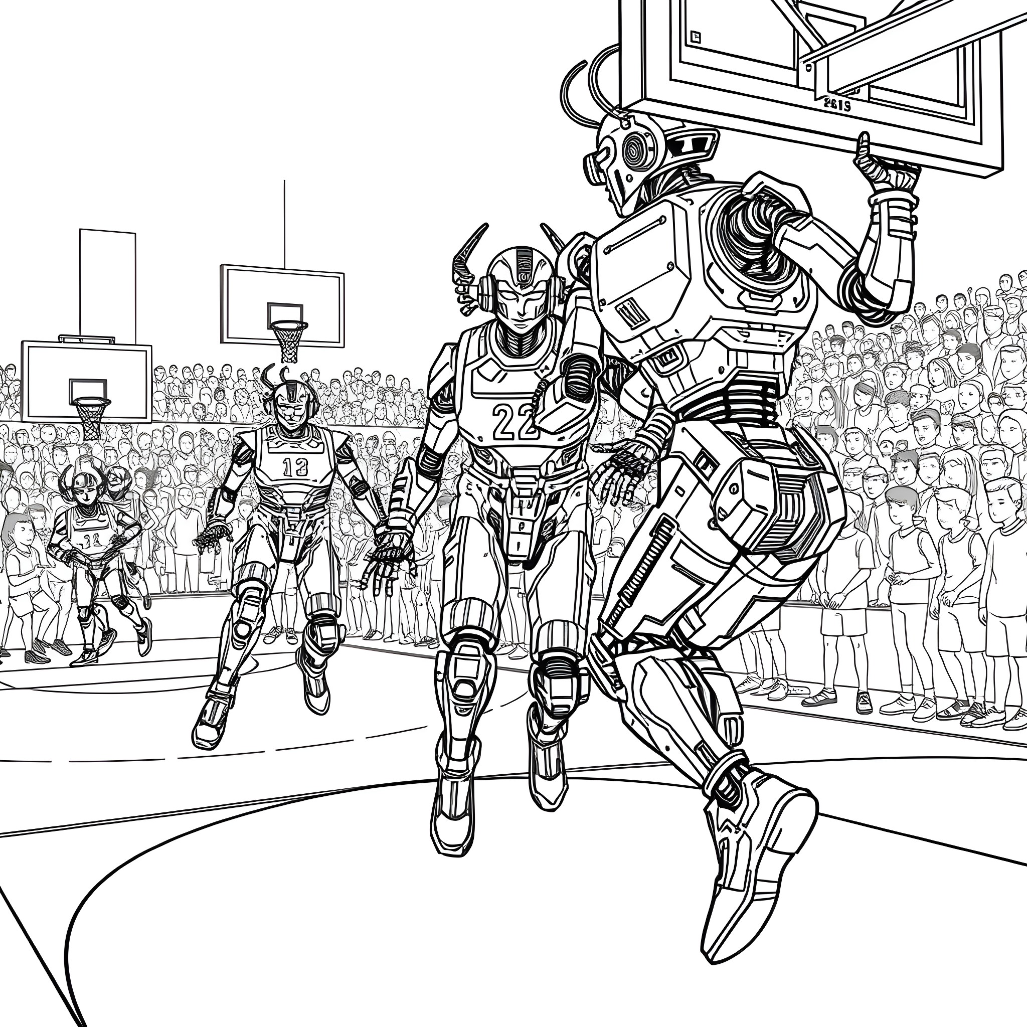 Robot Robots Competing in Sports Arena Coloring Page (free black-and-white line drawing printable PDF for all, from beginners to advanced learners, including children, teens, adults, and seniors)