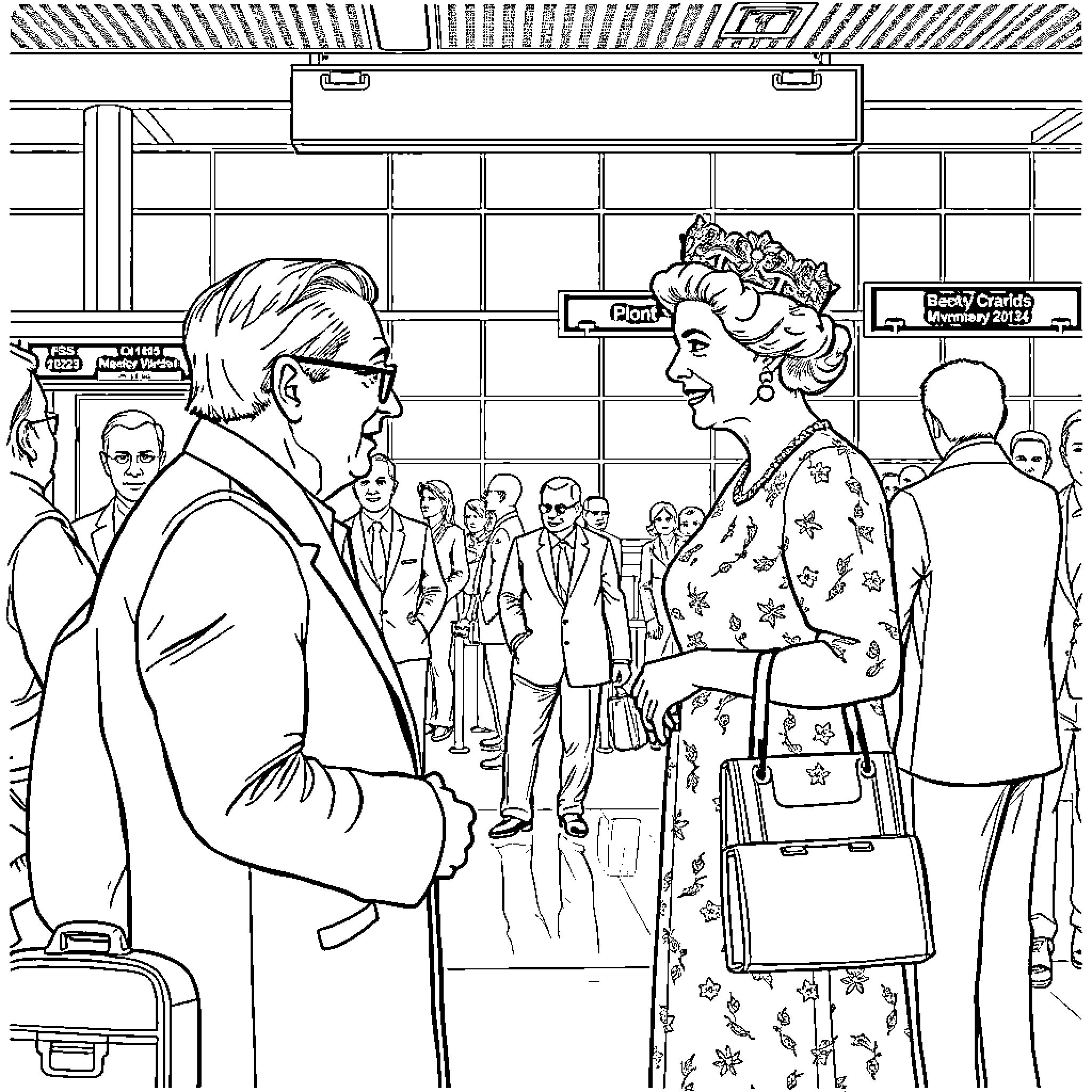 Andy Warhol Interacting with Figures in a Crowd Coloring Page (free black-and-white line drawing printable PDF for all, from beginners to advanced learners, including children, teens, adults, and seniors)