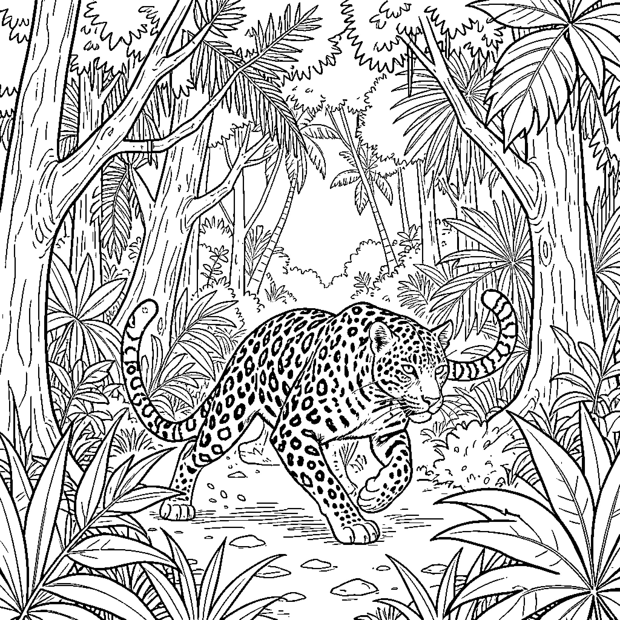 Leopard walking through a lush tropical jungle Coloring Page (free black-and-white line drawing printable PDF for all, from beginners to advanced learners, including children, teens, adults, and seniors)