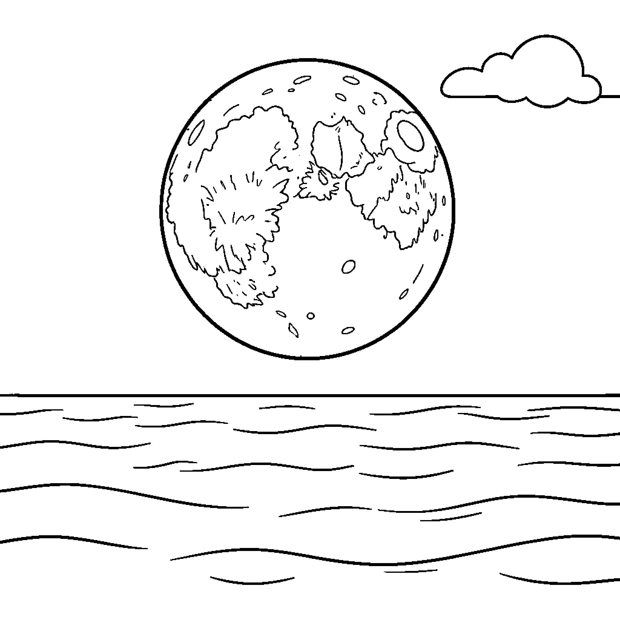 Moon shining peacefully over the ocean waves Coloring Page (free black-and-white line drawing printable PDF for all, from beginners to advanced learners, including children, teens, adults, and seniors)