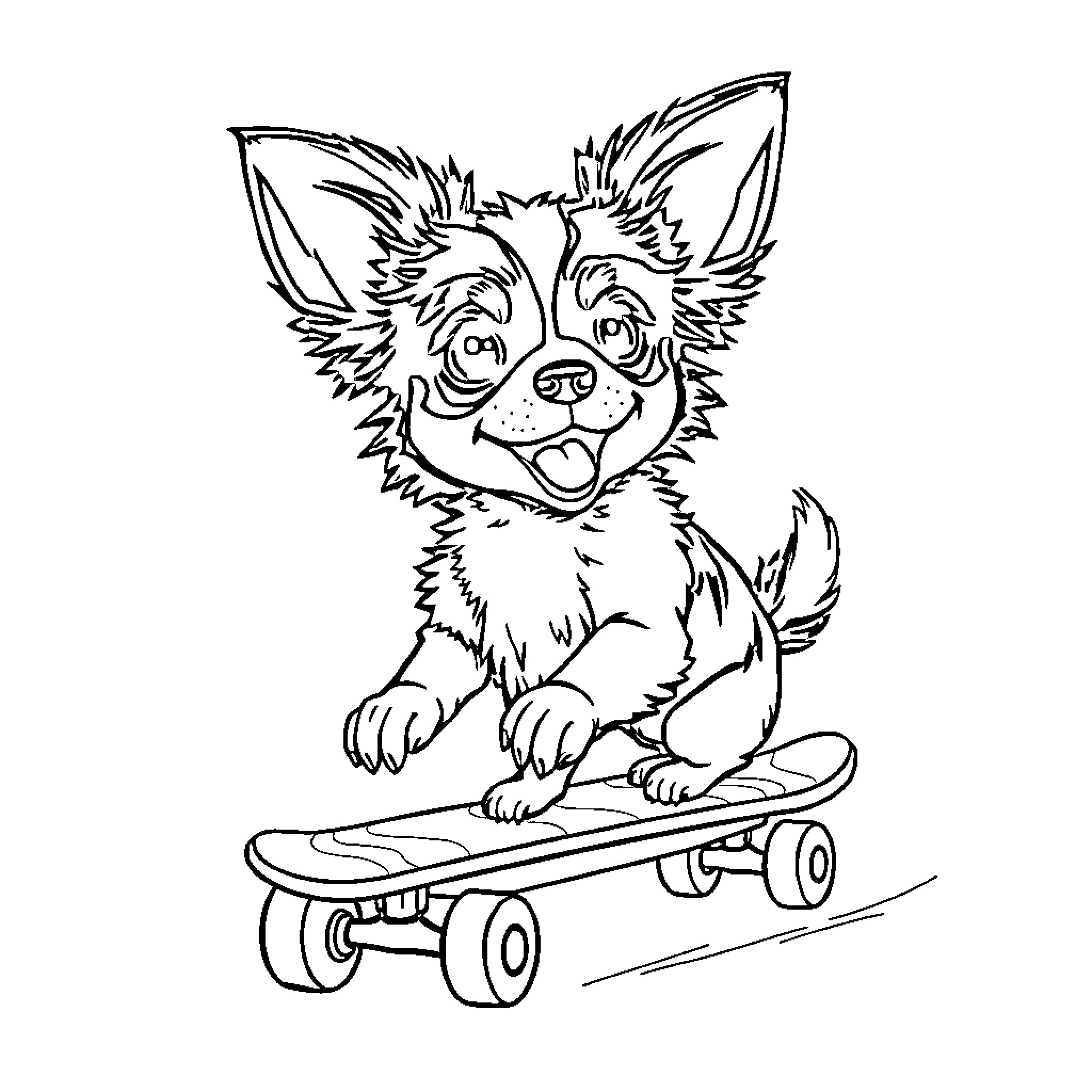 Papillon Pup Riding Skateboard Coloring Page (free black-and-white line drawing printable PDF for all, from beginners to advanced learners, including children, teens, adults, and seniors)