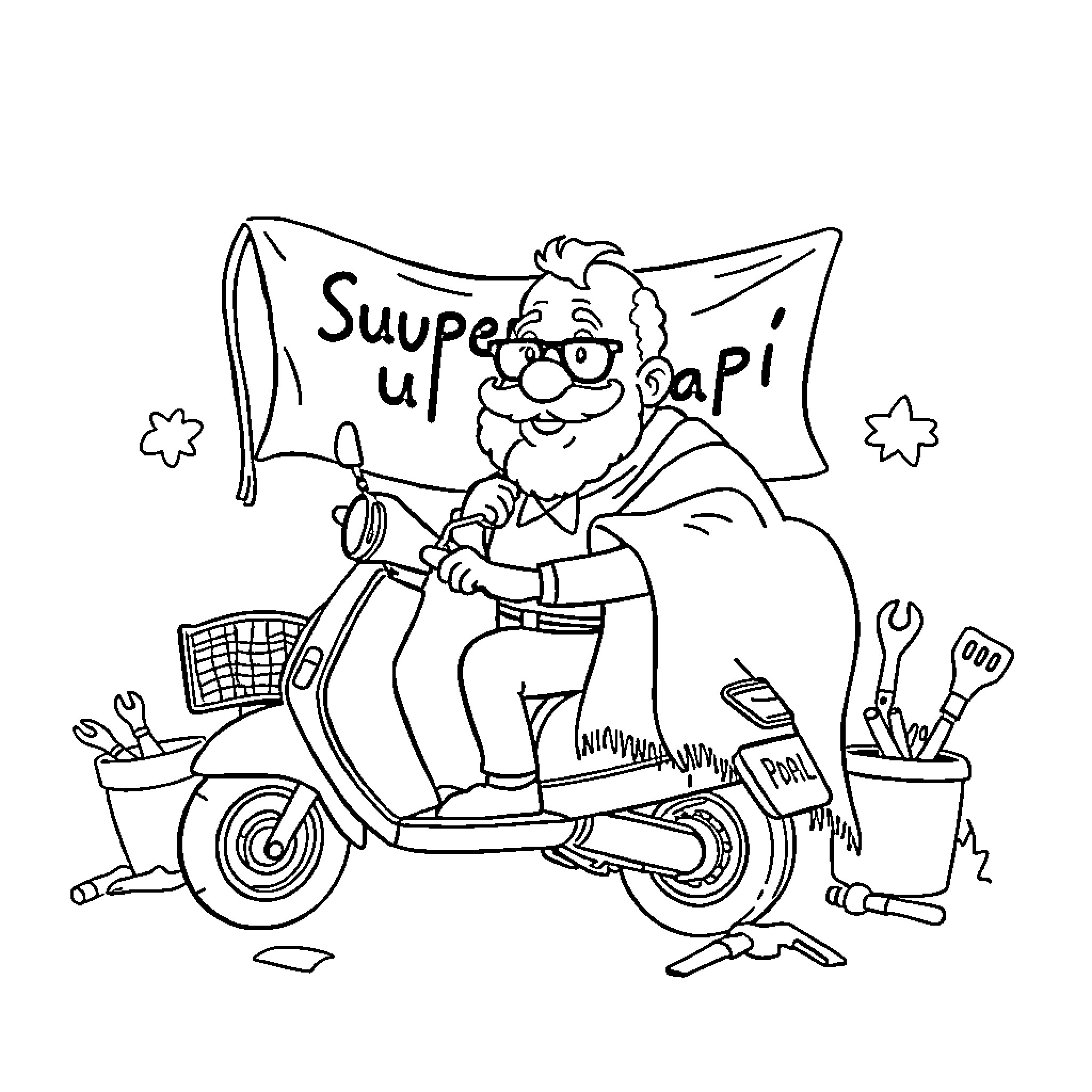 Papy riding scooter with toolbox and flag Coloring Page (free black-and-white line drawing printable PDF for all, from beginners to advanced learners, including children, teens, adults, and seniors)