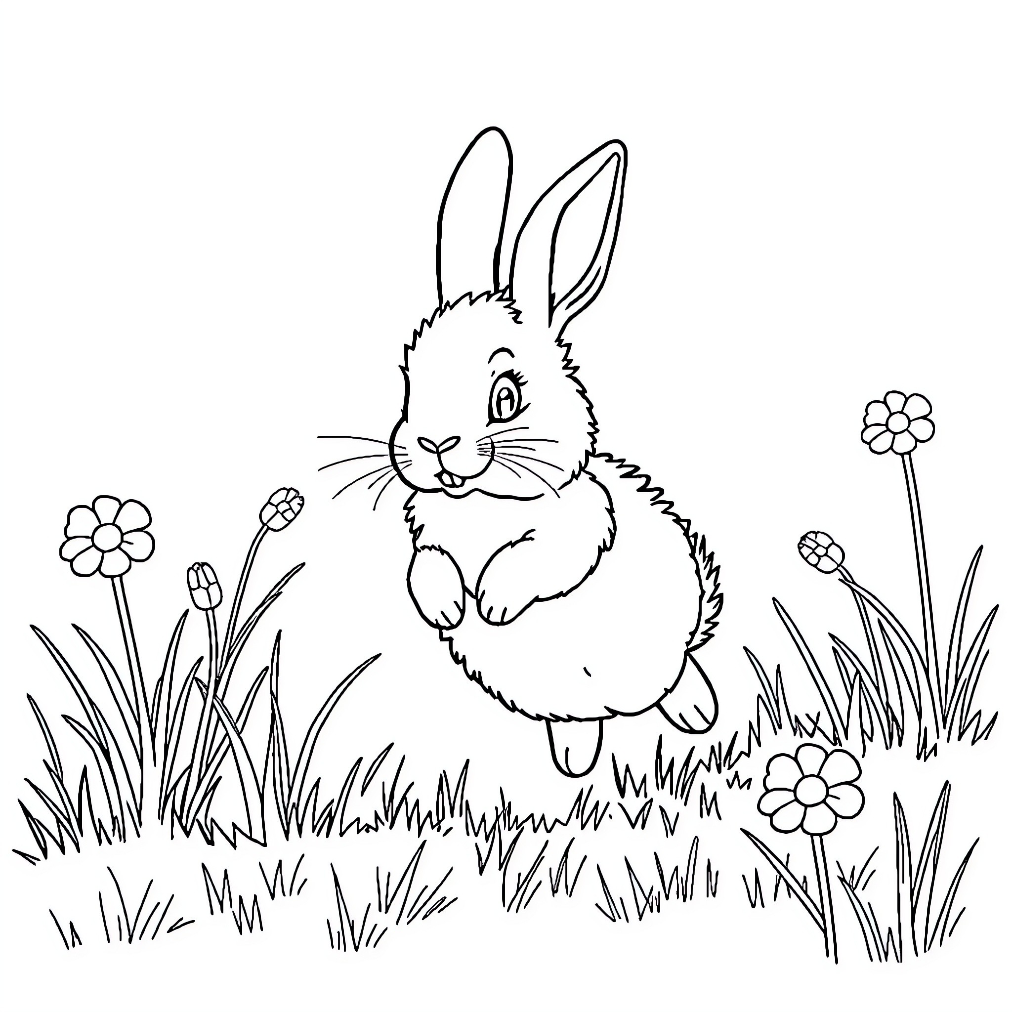 Rabbit enjoying flowers in the meadow Coloring Page (free black-and-white line drawing printable PDF for all, from beginners to advanced learners, including children, teens, adults, and seniors)