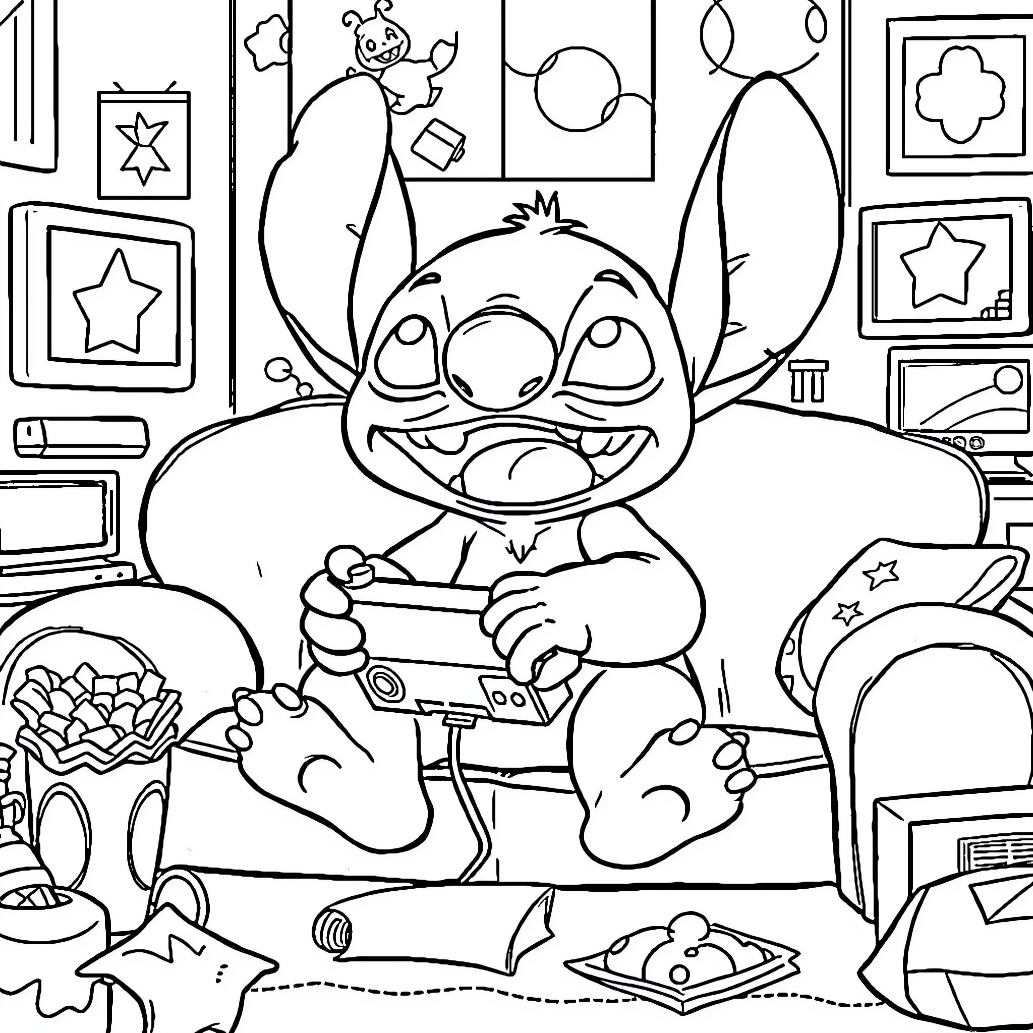 Stitch playing with toys in his room Coloring Page (free black-and-white line drawing printable PDF for all, from beginners to advanced learners, including children, teens, adults, and seniors)