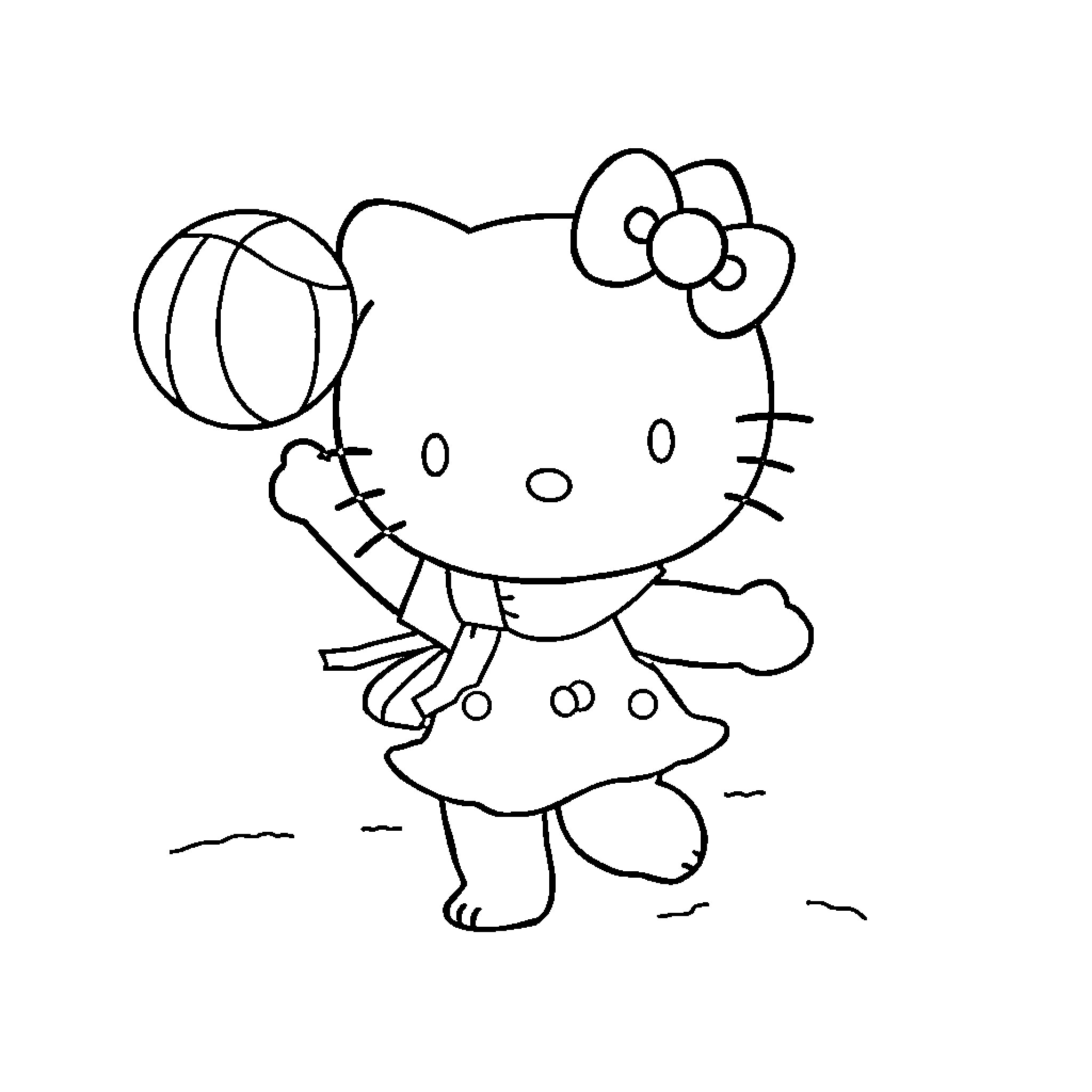Hello Kitty playing with a ball outdoors Coloring Page (free black-and-white line drawing printable PDF for all, from beginners to advanced learners, including children, teens, adults, and seniors)