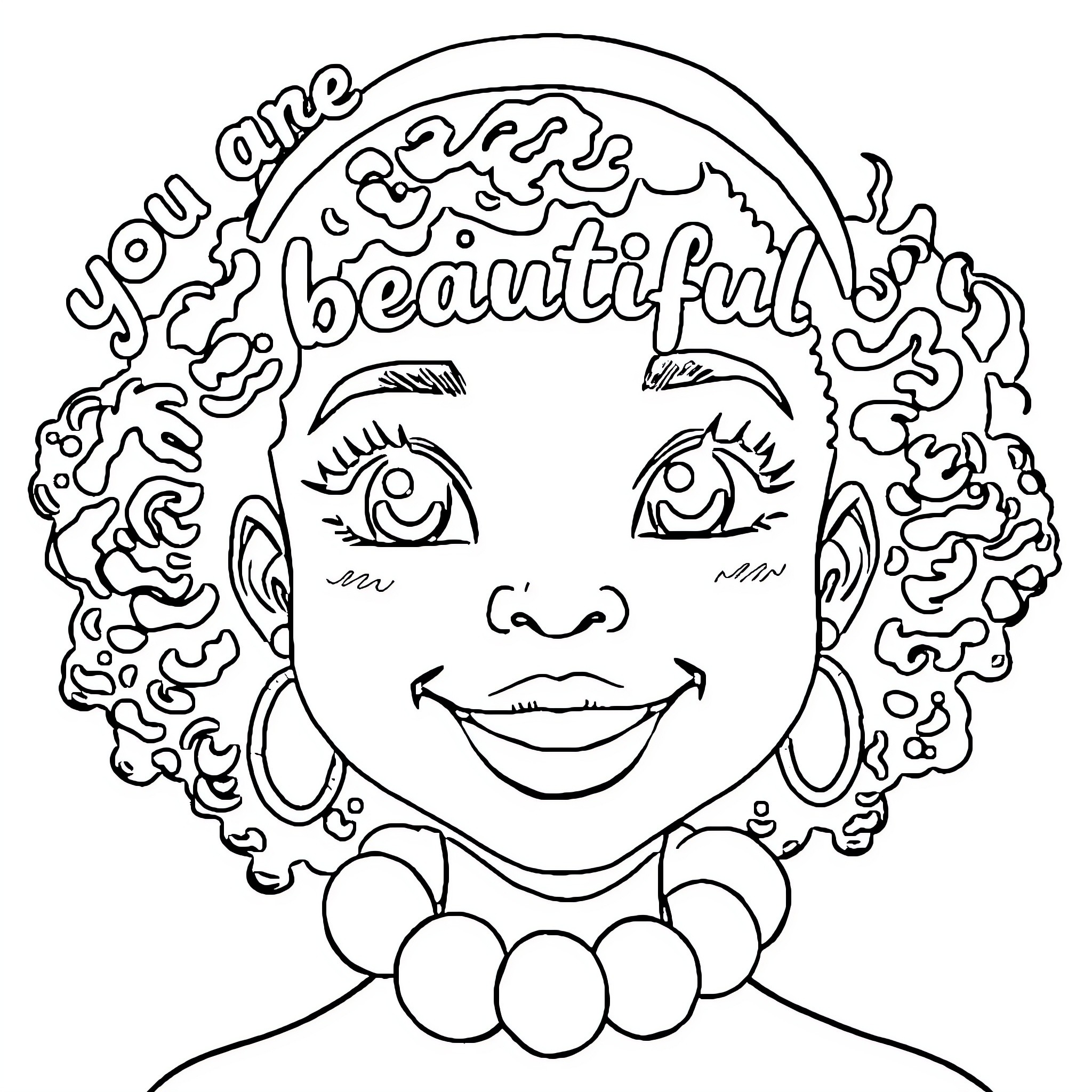 Girl with curly hair and affirmative expression Coloring Page (free black-and-white line drawing printable PDF for all, from beginners to advanced learners, including children, teens, adults, and seniors)