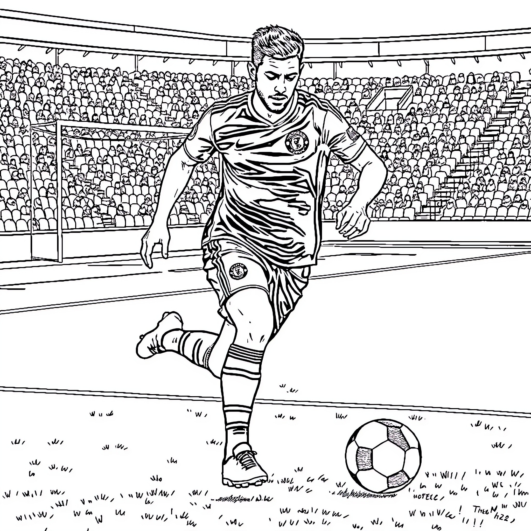 Footballer running on the field during a match Coloring Page (free black-and-white line drawing printable PDF for all, from beginners to advanced learners, including children, teens, adults, and seniors)