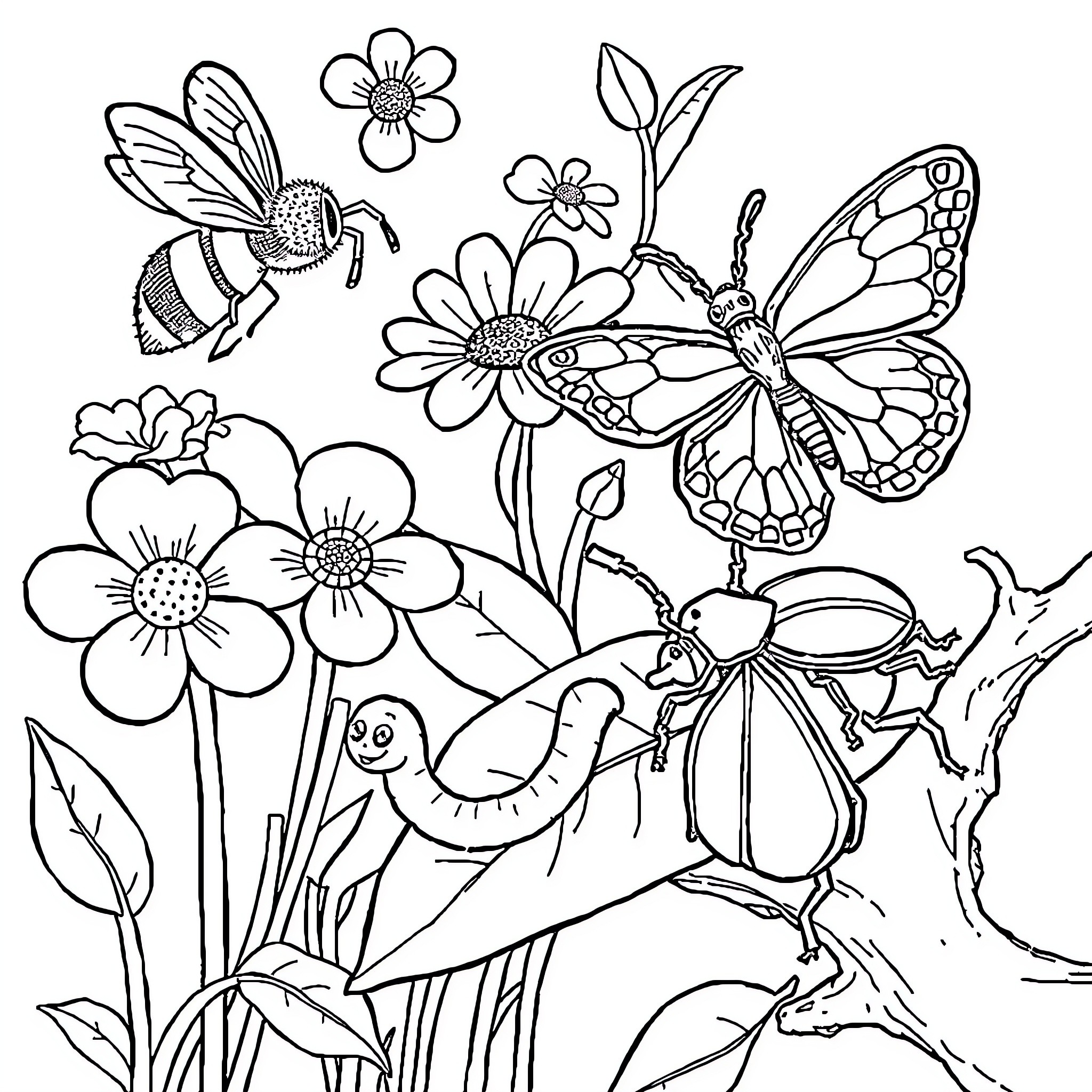 Insect interacting in floral garden scene Coloring Page (free black-and-white line drawing printable PDF for all, from beginners to advanced learners, including children, teens, adults, and seniors)