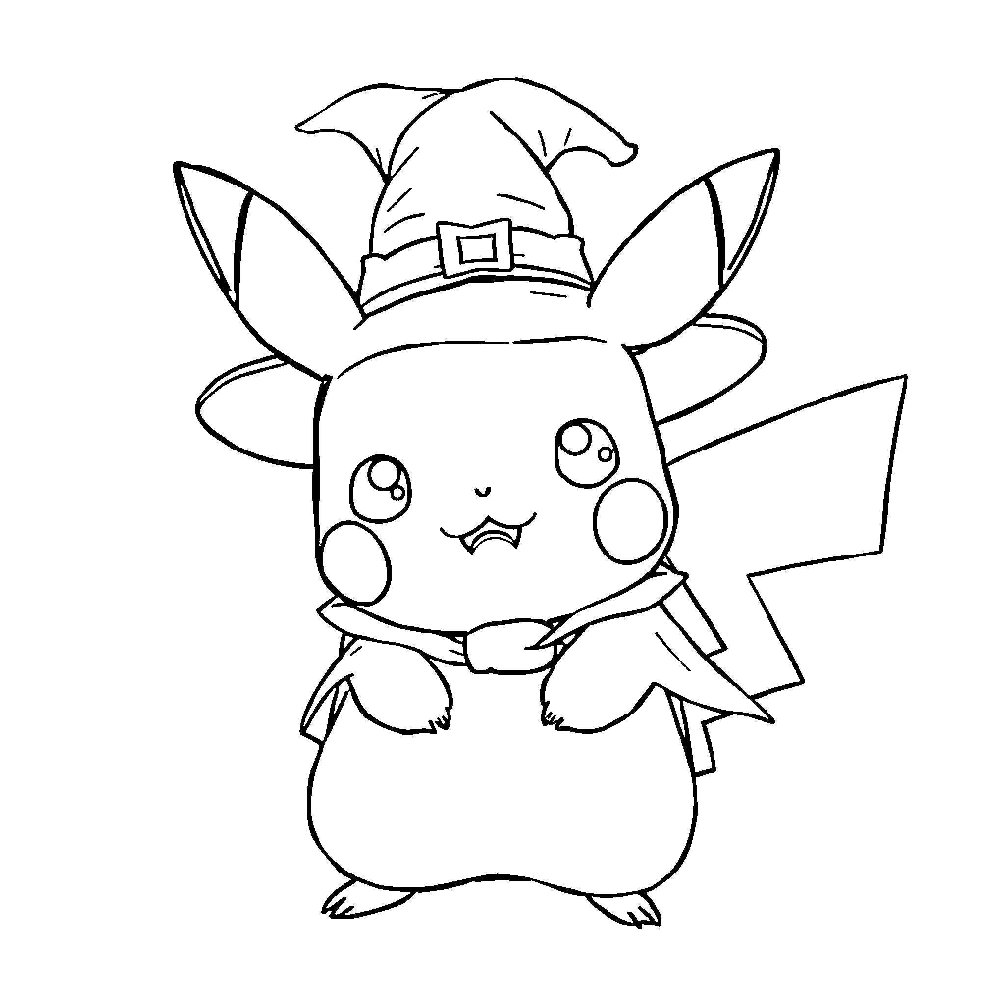Pikachu dressed as a Halloween witch Coloring Page (free black-and-white line drawing printable PDF for all, from beginners to advanced learners, including children, teens, adults, and seniors)