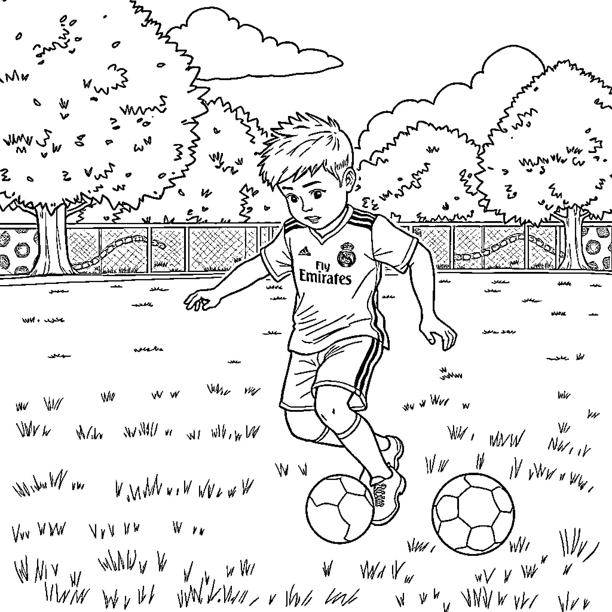 Niño playing soccer in the park Coloring Page (free black-and-white line drawing printable PDF for all, from beginners to advanced learners, including children, teens, adults, and seniors)