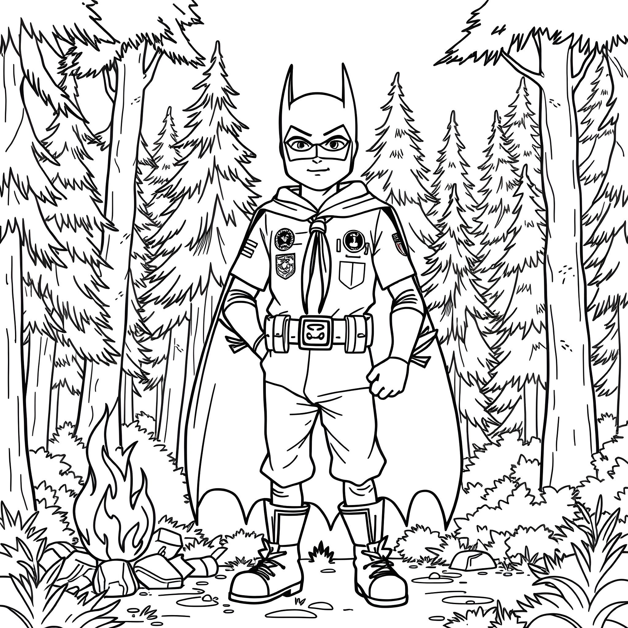 Batman in the Enchanted Forest Coloring Page (free black-and-white line drawing printable PDF for all, from beginners to advanced learners, including children, teens, adults, and seniors)