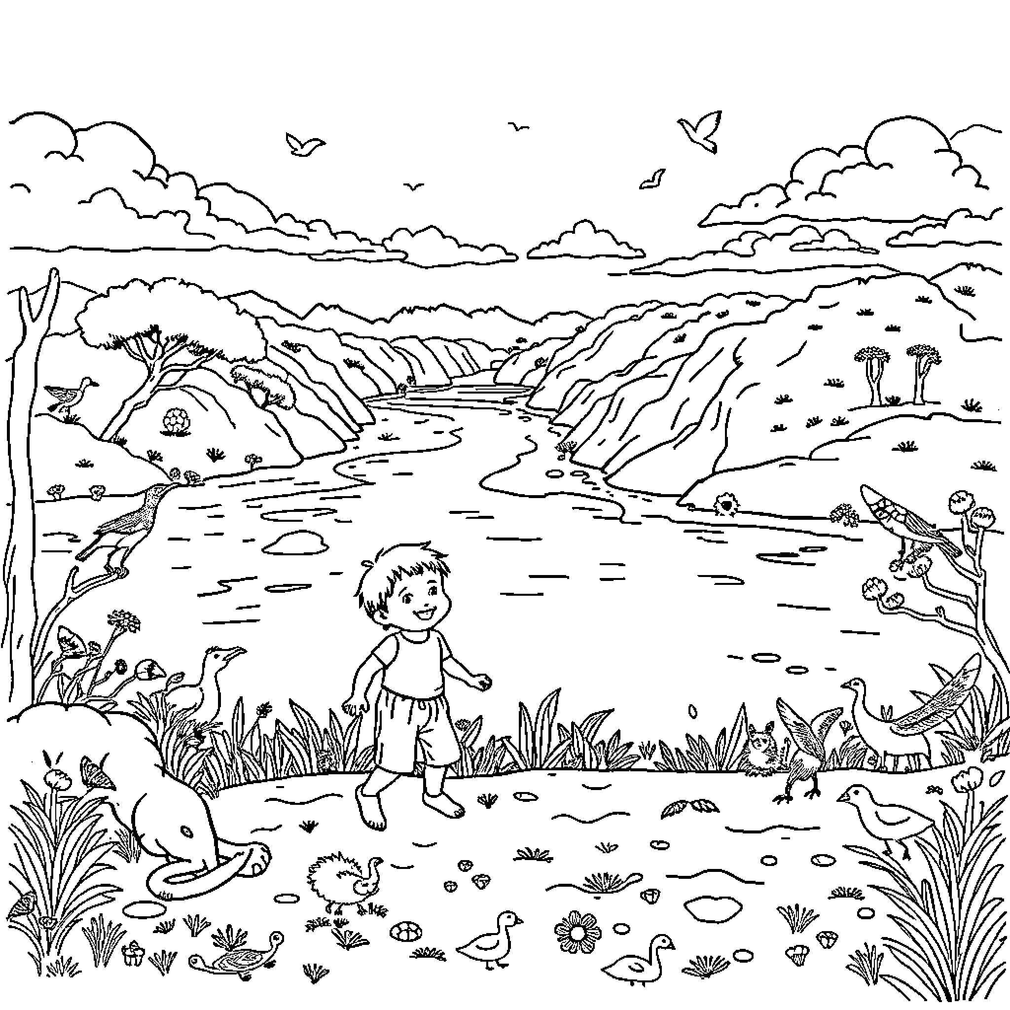 Kid Exploring the Vibrant Outdoor Landscape Coloring Page (free black-and-white line drawing printable PDF for all, from beginners to advanced learners, including children, teens, adults, and seniors)