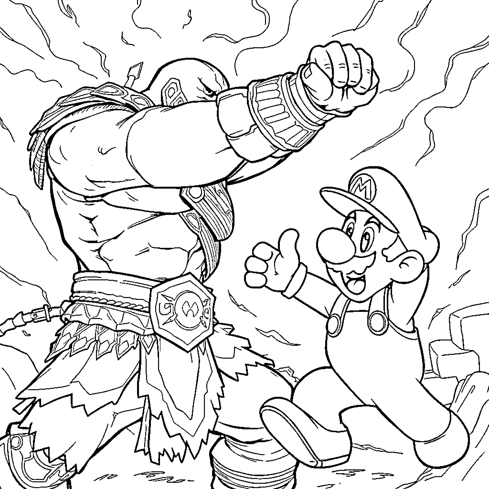 Kratos confronting Mario in epic battle Coloring Page (free black-and-white line drawing printable PDF for all, from beginners to advanced learners, including children, teens, adults, and seniors)