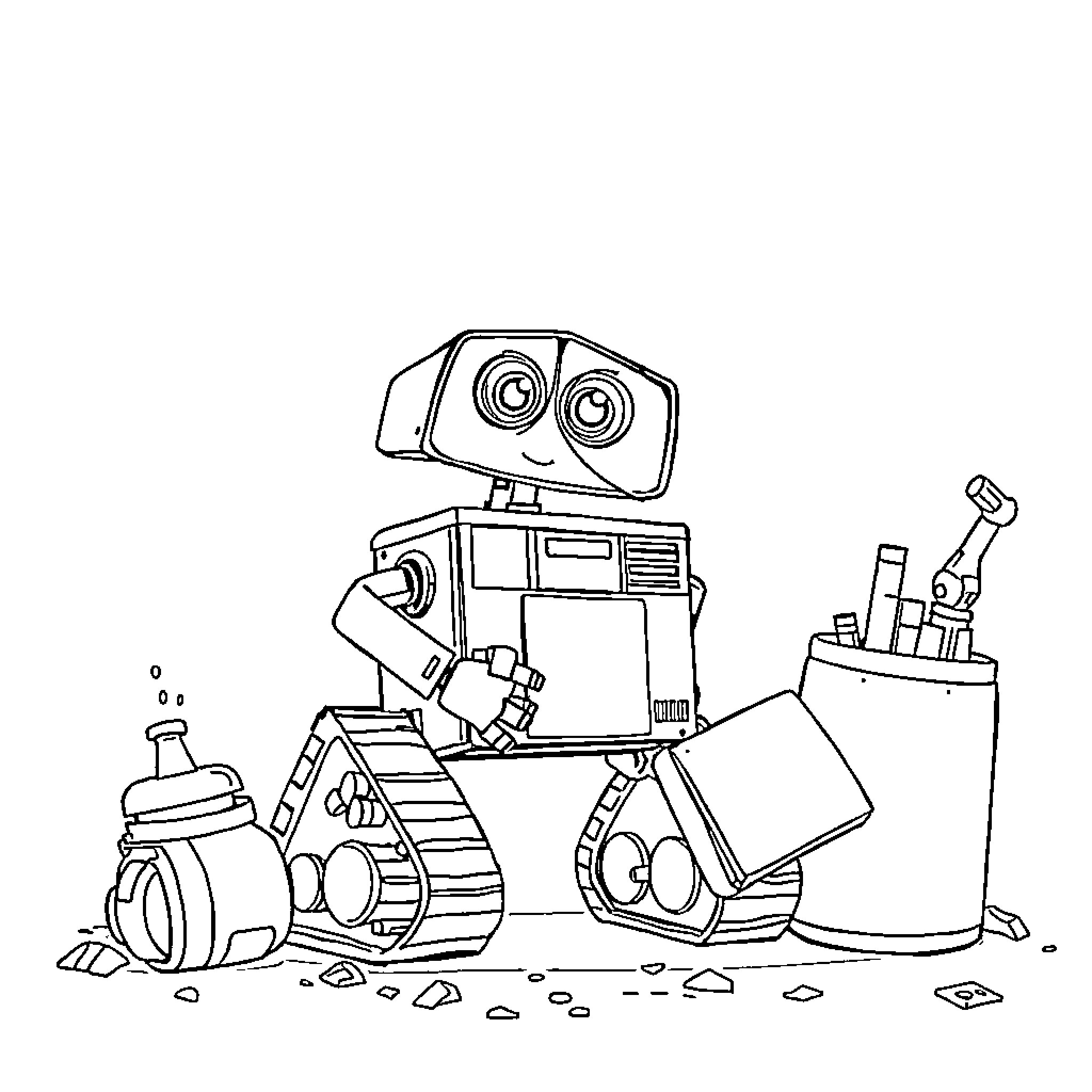 Wall-E Exploring and Tinkering with Tools Coloring Page (free black-and-white line drawing printable PDF for all, from beginners to advanced learners, including children, teens, adults, and seniors)