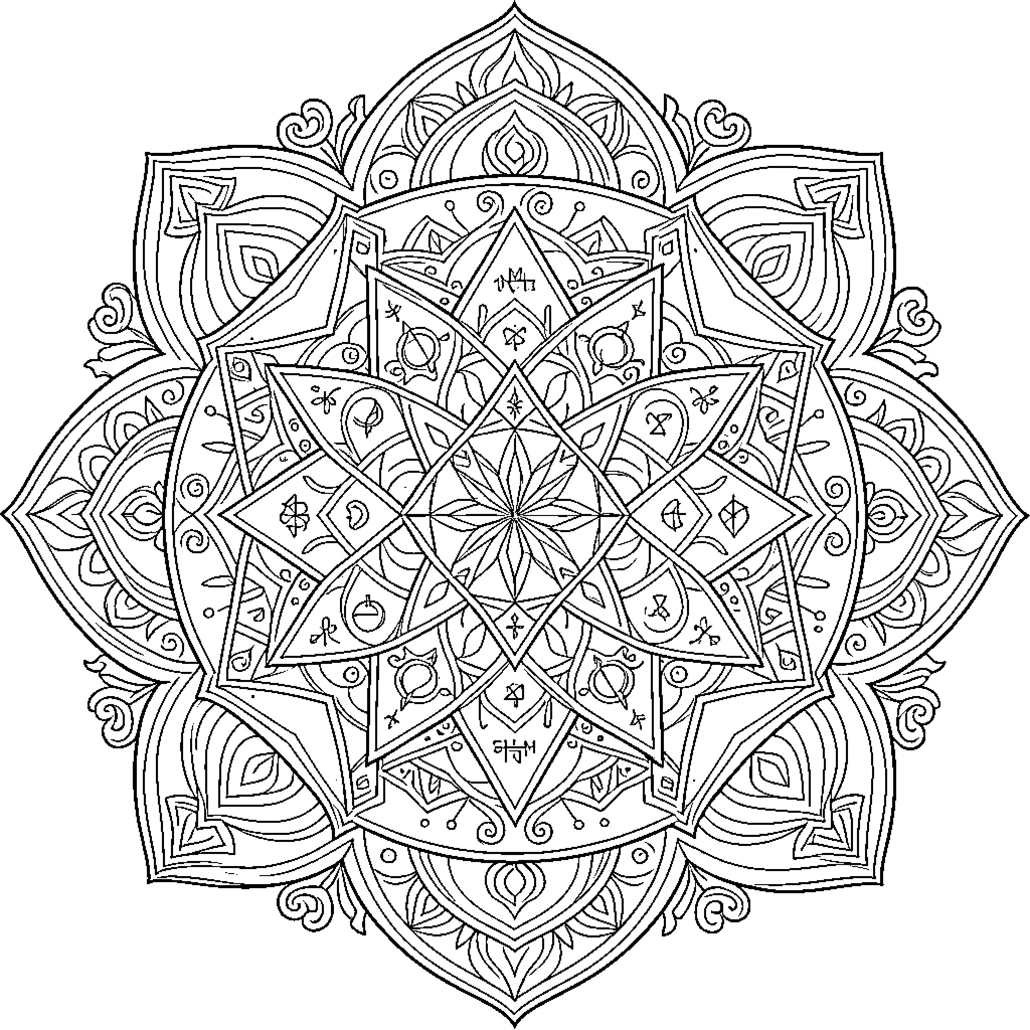 Mandala featuring intricate symmetrical geometric floral patterns Coloring Page (free black-and-white line drawing printable PDF for all, from beginners to advanced learners, including children, teens, adults, and seniors)