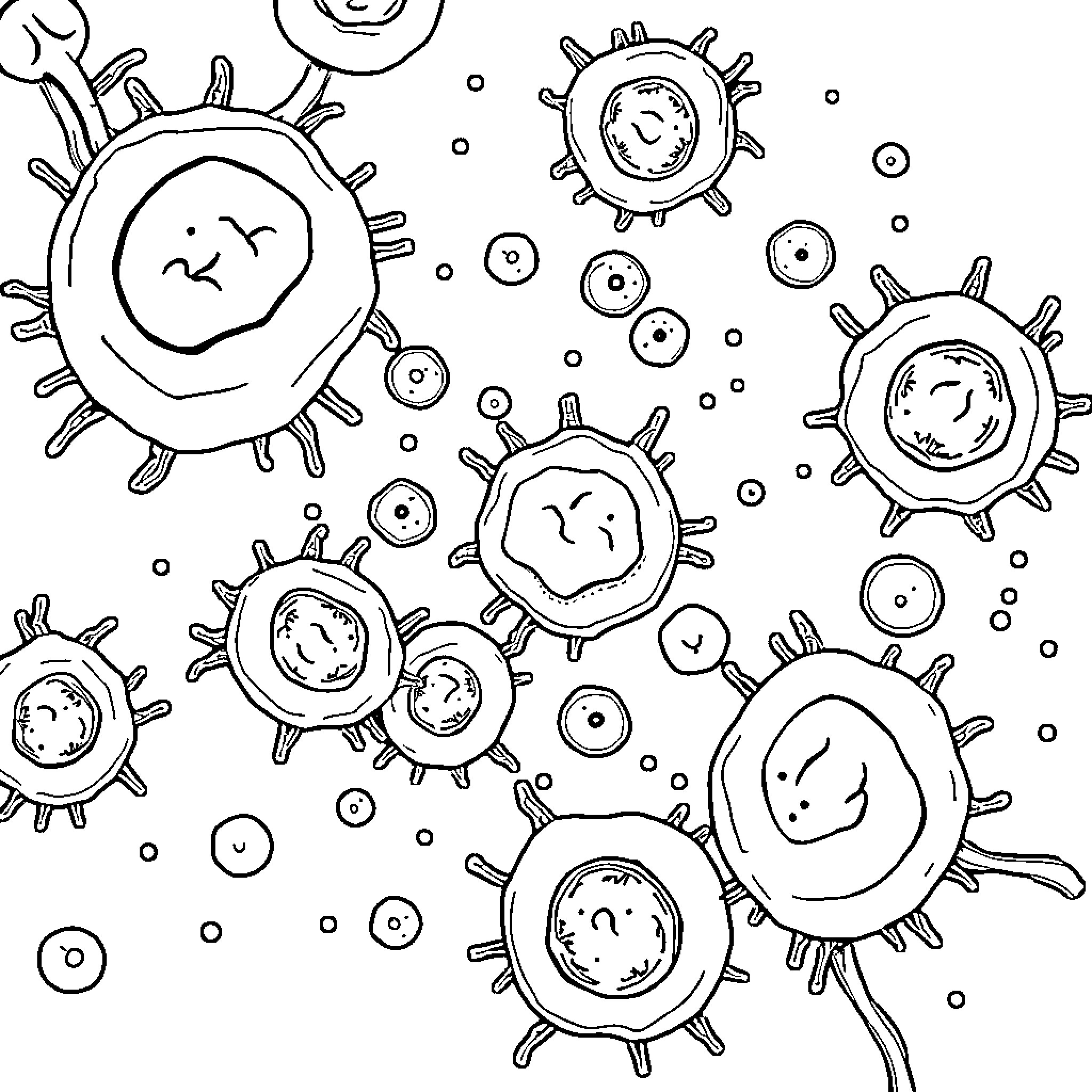 Yeast microorganisms in playful arrangement Coloring Page (free black-and-white line drawing printable PDF for all, from beginners to advanced learners, including children, teens, adults, and seniors)