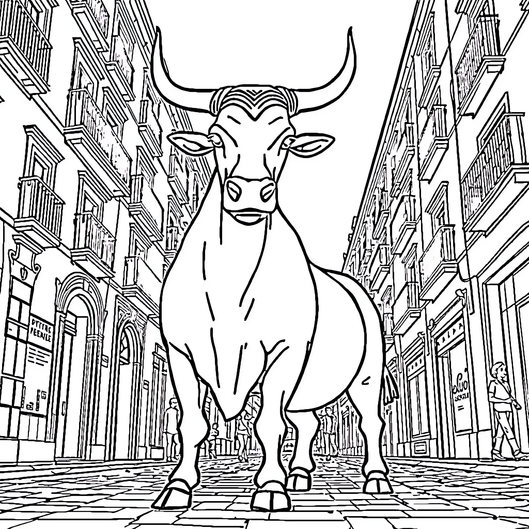 Bull standing confidently in a bustling city street Coloring Page (free black-and-white line drawing printable PDF for all, from beginners to advanced learners, including children, teens, adults, and seniors)